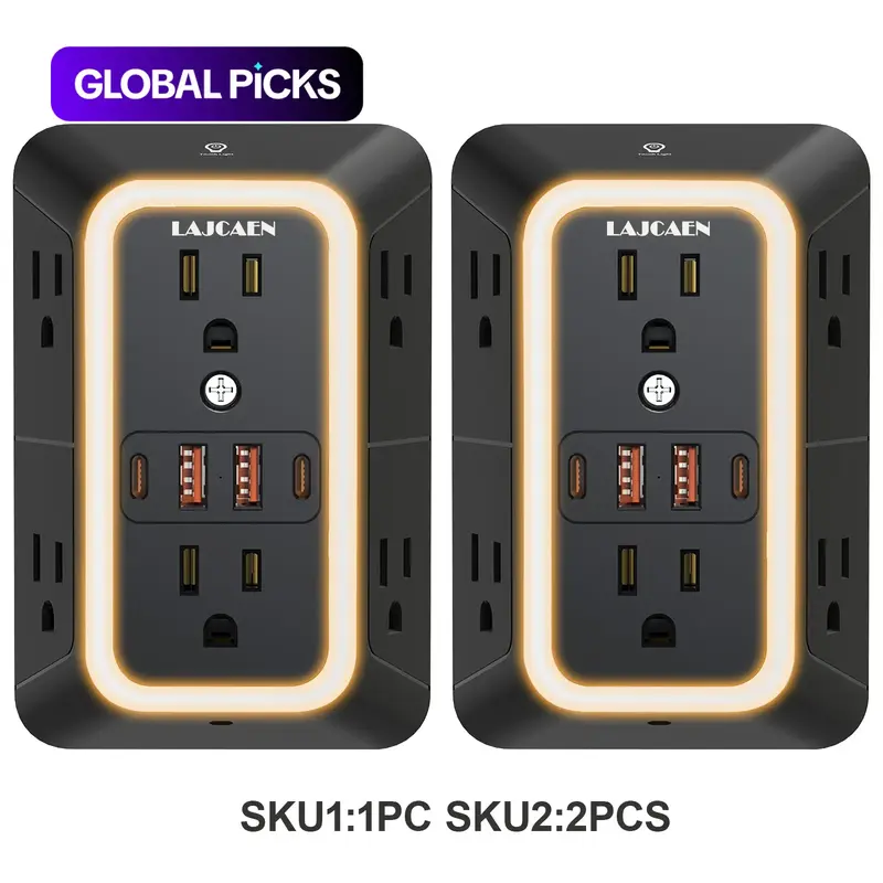 2 Pack Multifunctional Wall Outlet Extender with Night Light, 6 AC Surge Protector Outlets and 4 USB Ports (2 USB-C), 1050J Multi Plug Adapter, Widely Spaced for Home, Travel & Office (Black) #GLOBAL PICKS