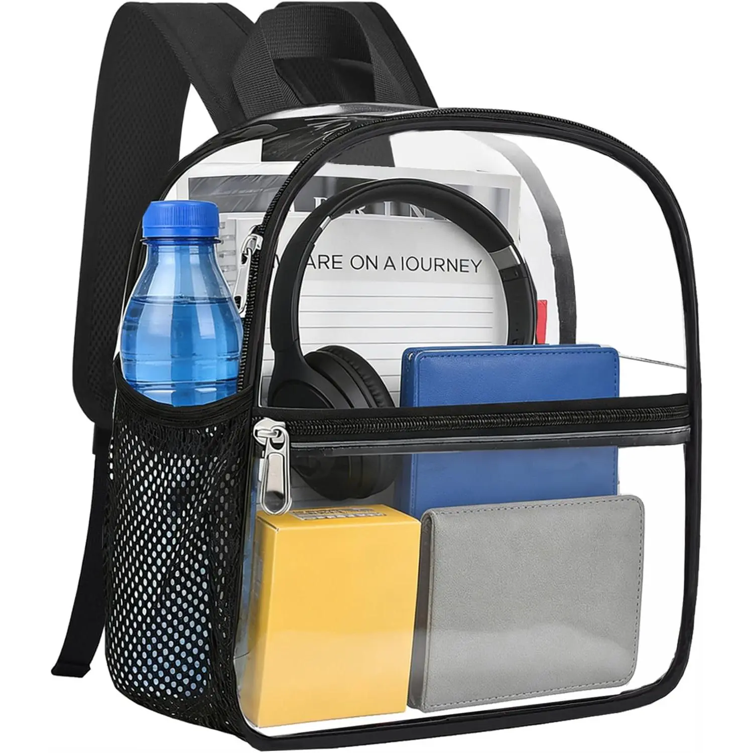 Clear Backpack for Stadium Events 12x12x6, Clear Bag Stadium Approved Mini Small Sports Fan Backpacks with Front Pocket for Sport Concert Work Travel(Enhanced Straps,Black)