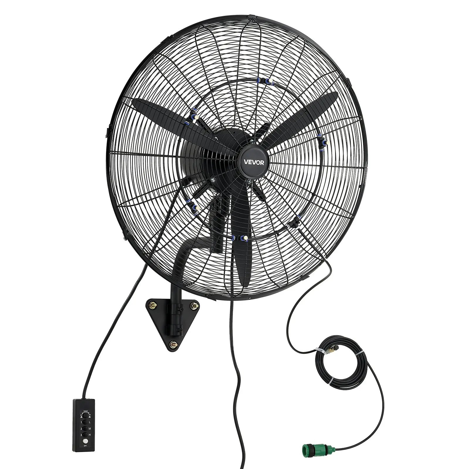 VEVOR Wall Mount Fan, 24 in Wall Mounted Hanging Fan with Oscillating & Mist, IP44-rated, 3-Speed, Powerful Air Reach, Mechanical Control, Long Airflow for Industry, Commercial, Garage, Workshop
