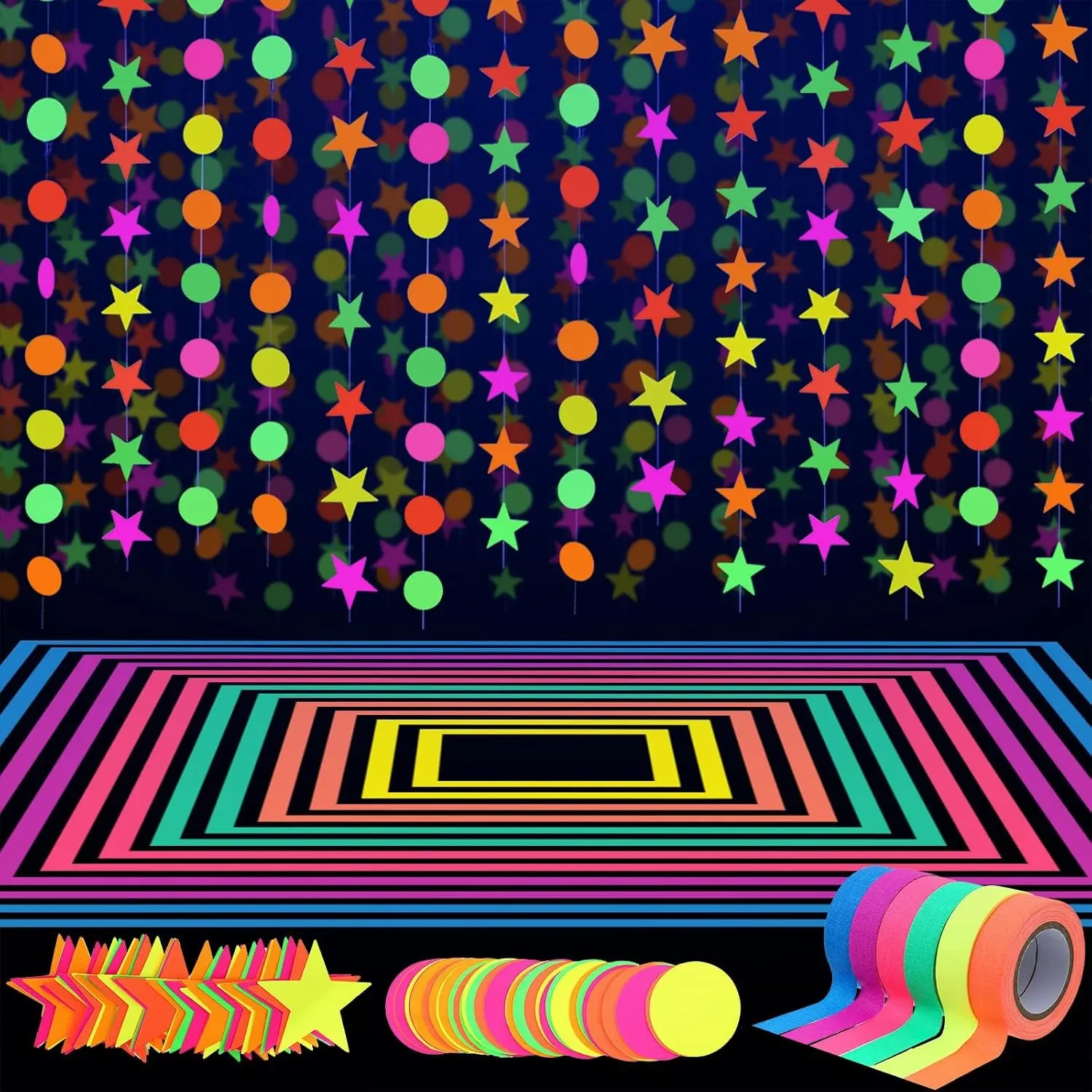 127ft Glow Neon Party Supplies Set with UV Tape, Neon Paper Garlands, Circle Dots Stars Hanging Glow Party DecorationsGift