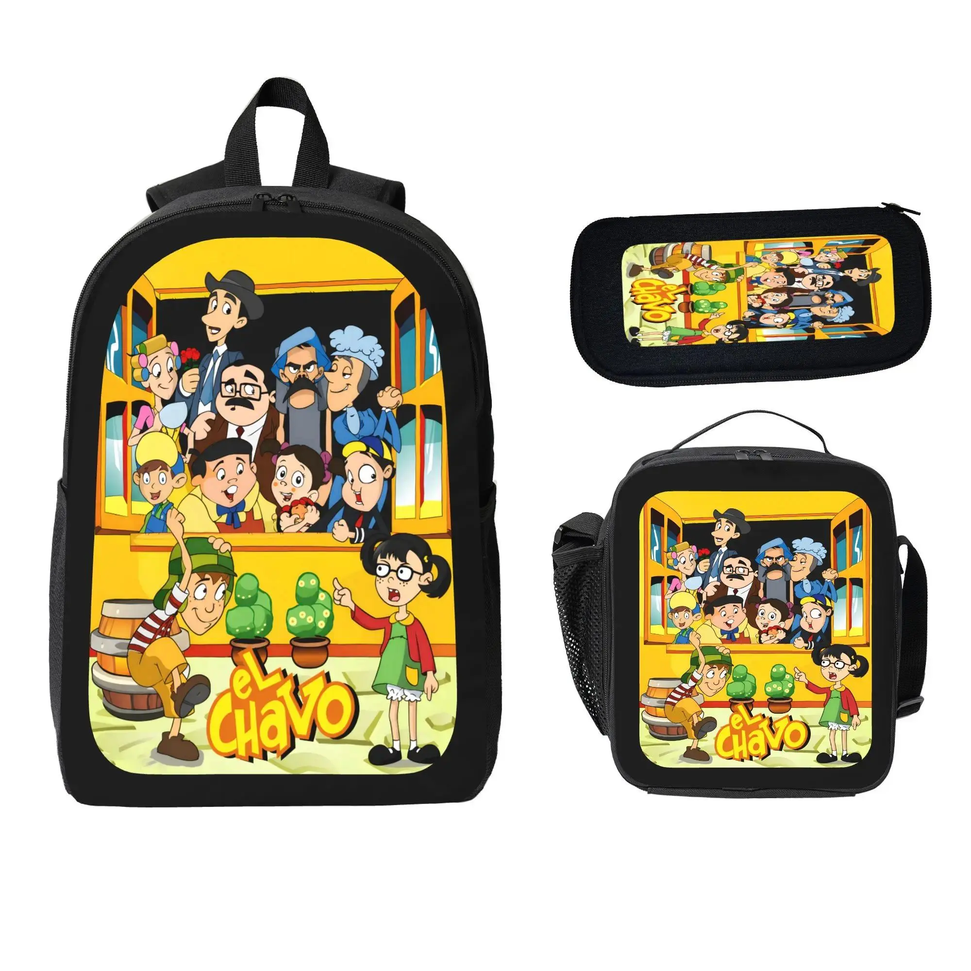 Fashion El Chavo Backpack Large Capacity Commuter Bag Cartoon Casual Backpack Set 3 pc Backpack Lunch Bag Pencil Case Laptop Daypack Travel School Bag Unisex Durable Back To School Gift Summer Backpack Set-2D