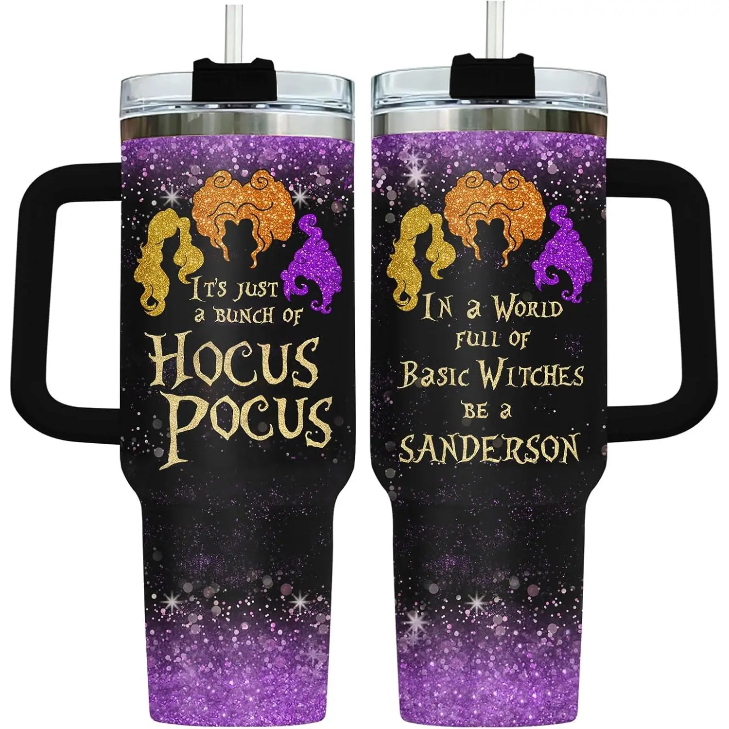 Gradient Purple Glitter Sanderson Sisters Glitter Hair Silhouette Hocus Pocus Witch Quote Print 40oz Stainless Steel Insulated Tumbler with Black Handle Lid Straw, Witchy Movie Fan Travel Coffee Mug, Halloween Christmas Birthday Gift for Hocus Pocus Movie