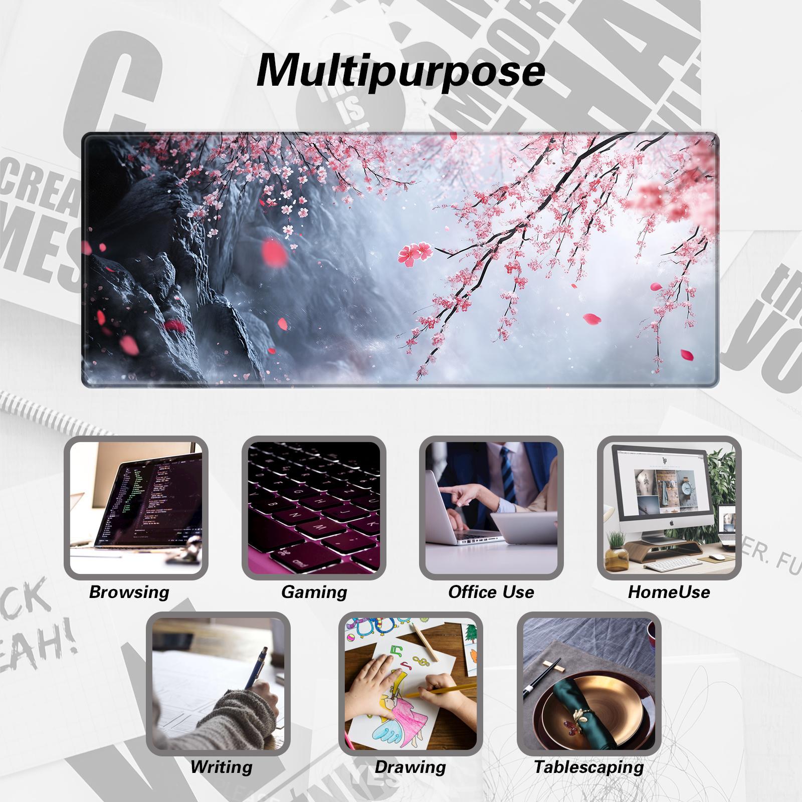 Cherry Blossom Pattern Mouse Pad, 1 Count Extended Large Gaming Mouse Pad, Non-slip Rubber Base Big Keyboard Mat with Stitched Edges for Home Office Gaming Desk Pad