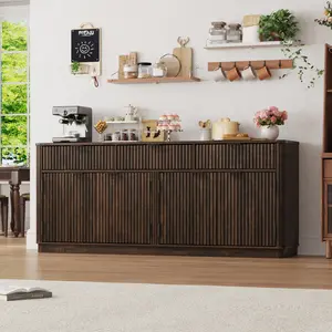 70” Rounded Edge Large Sideboard Buffet Cabinet with 3 Storage Drawers,Farmhouse Kitchen Fluted Sideboard Cabinet w 4 Door Shelves,Wood Coffee Bar Cabinets,Kitchen Pantry (Off White/Rustic Brown)