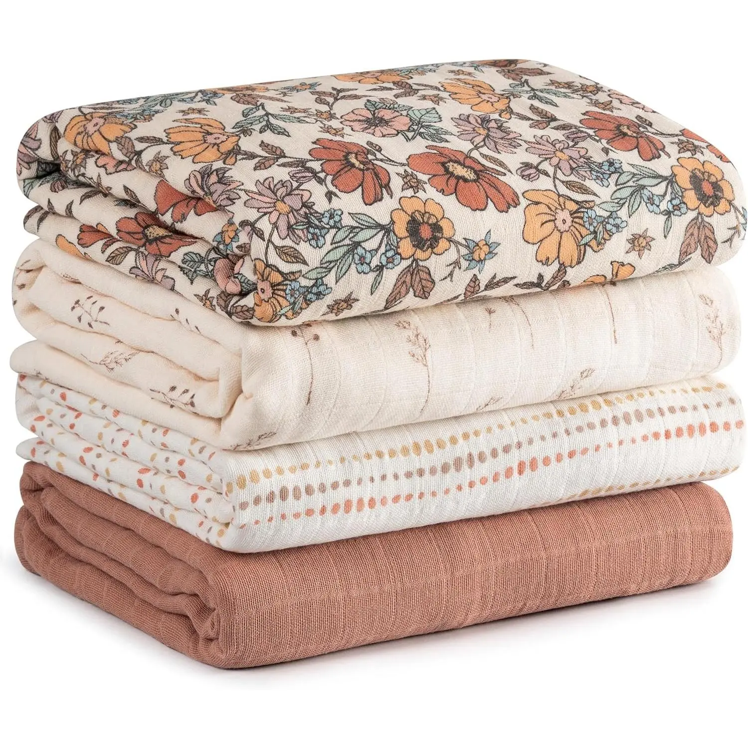 Muslin Swaddle Blankets for Newborn, Cotton Receiving Blanket | 4 Pack 100% Cotton Soft Breathable Baby Blanket, Essentials Swaddle Wrap Burp Cloths, Large 31.5 x 43.3 inch, Vintage Flowers