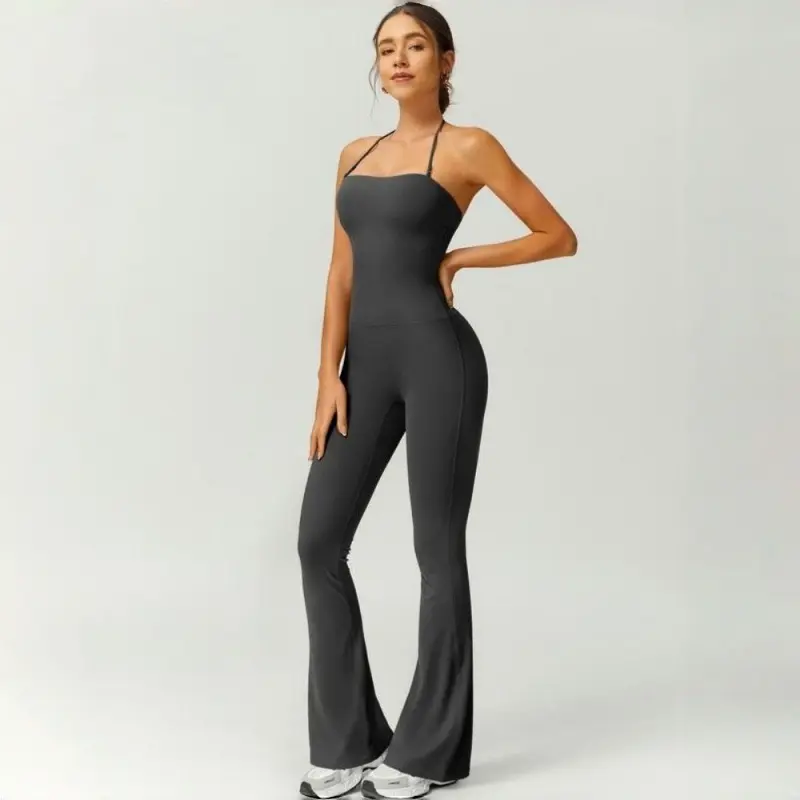 Women’s Solid Halter Strap Flare Leg Athletic Jumpsuit, Breathable Stretchy Figure-Flattering One Piece Workout Bodysuit, Lightweight Summer Activewear for Yoga Gym Pickleball Daily Casual Errands