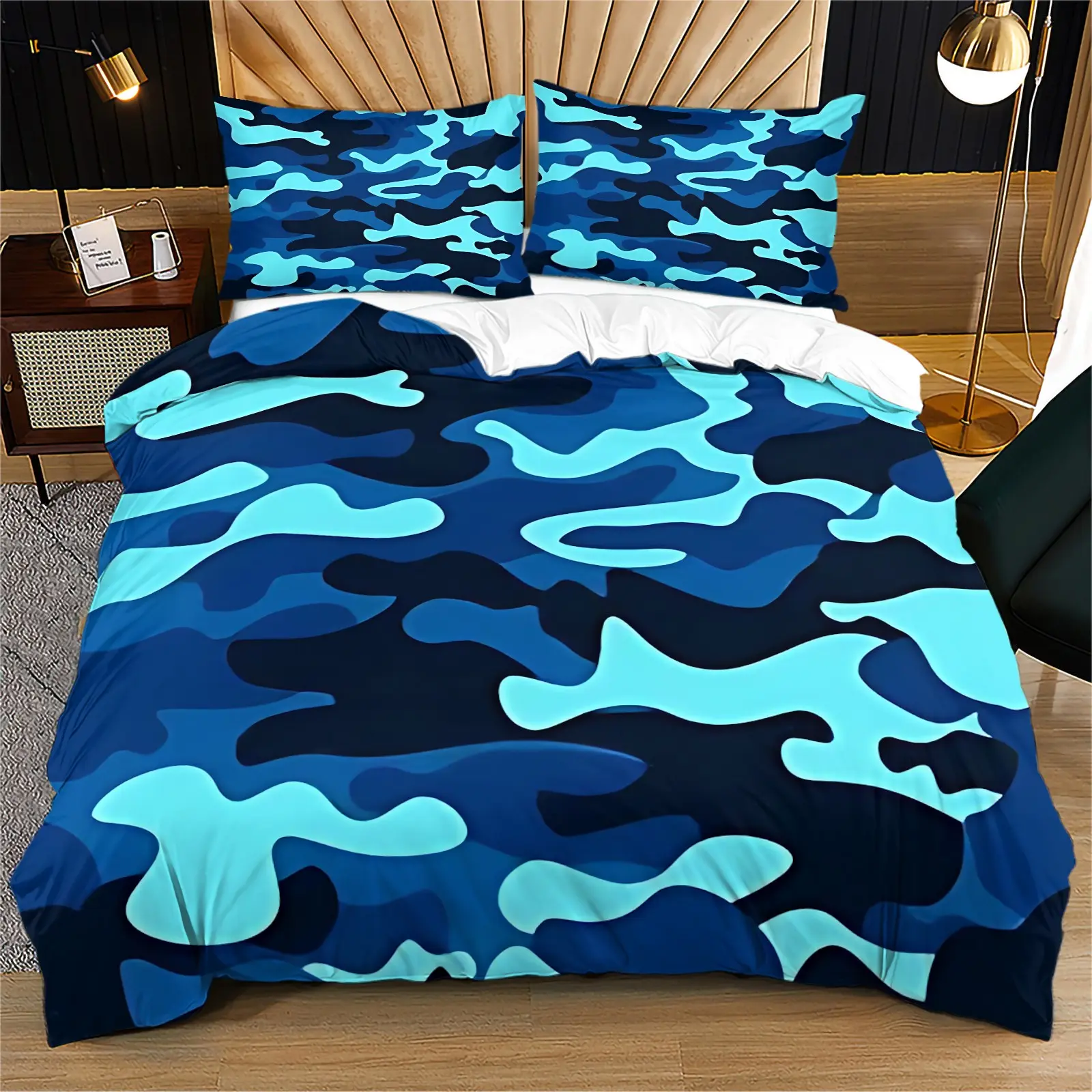 Blue Cyan Navy Camouflage Pattern Print Duvet Cover Set, Cool Gradient Camo Fashion Bedding Set, Soft Breathable Washable Bed Cover With Zipper & Corner Ties, Includes 2 Pillowcases - without Core
