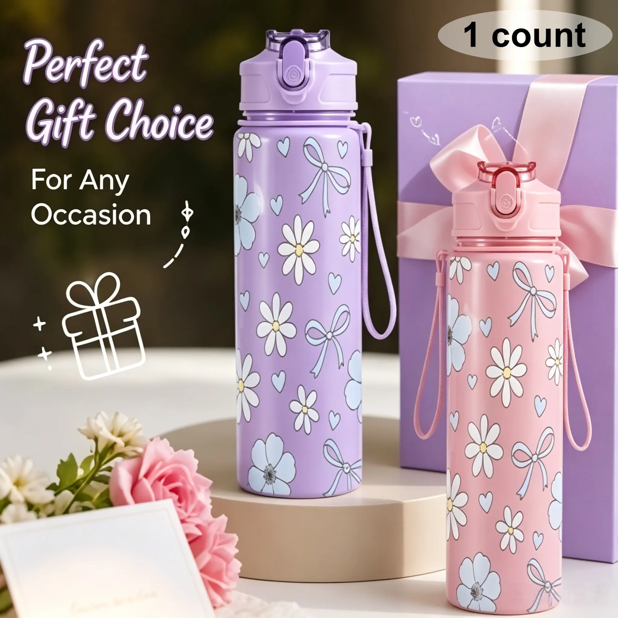 1pc/26oz/750ml/Sports Water Bottle With Straw For Gym Fitness Outdoor,Delicate Blooms And Sweet Bows Gentle Pastel Tones Romantic Floral Heart Design Adorable Repeating Pattern Perfect For Memorable Holiday Celebrations And Charming Event Decor Gift