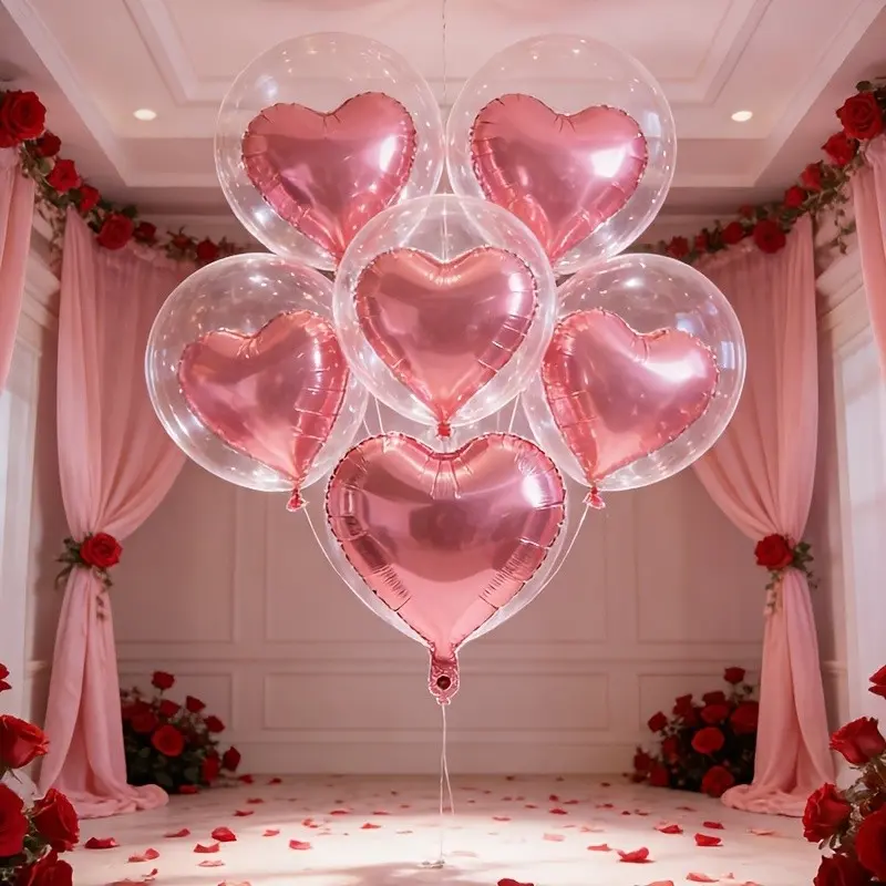 13pcs Heart Bobo Balloons with Foil Mylar Insert, Clear Bubble Balloons Set, Romantic Party Decorations, Helium Supported