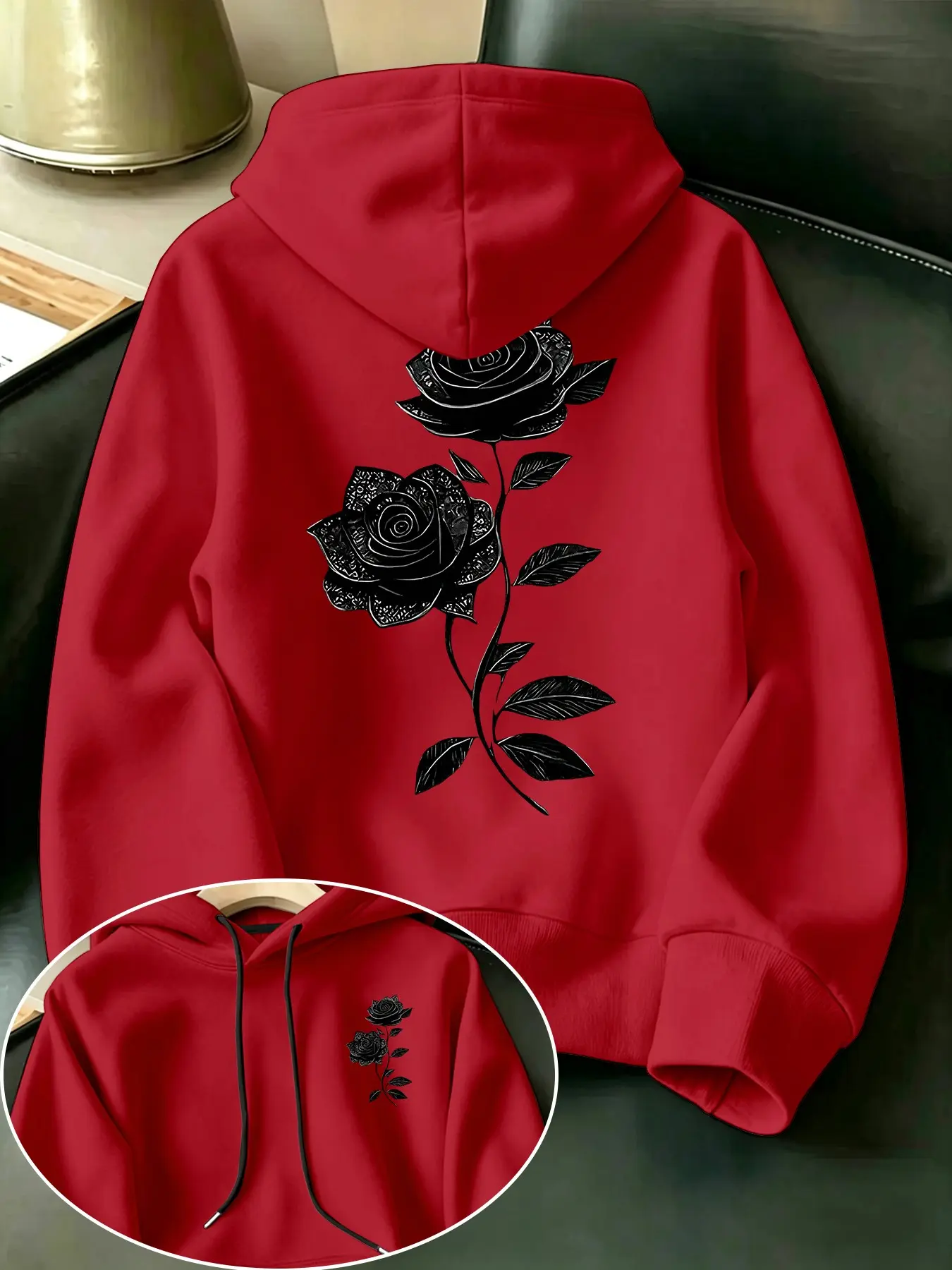 Versatile Casual Loose Hooded Fleece Sweatshirt, Rose Floral Pattern Double-Sided Print, Trendy Fashion, Unisex Fall & Winter Wear