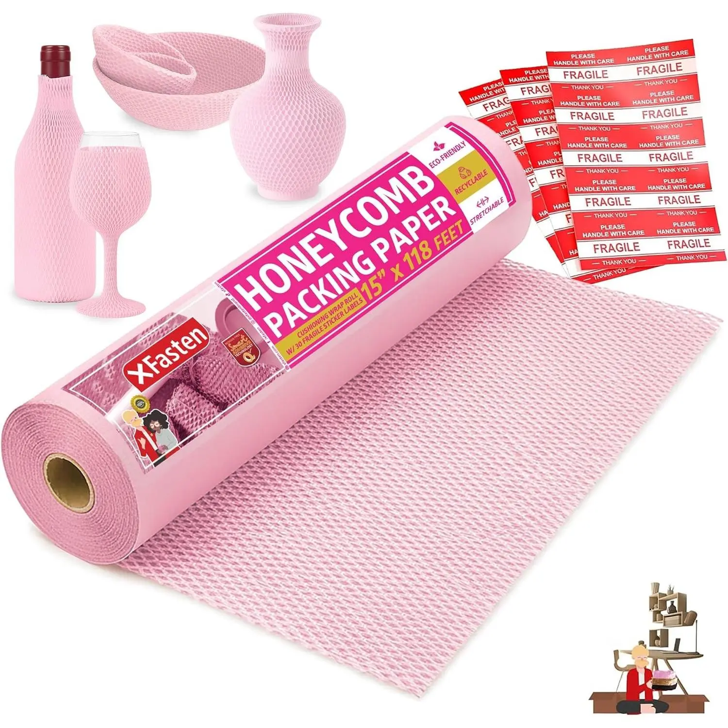 Pink Honeycomb Packing Paper for Moving 15-Inch x 118-Feet Bubble Honeycomb Wrap, Honeycomb Wrapping Paper for Packing Cushion with 30 Fragile Stickers Packing Supplies