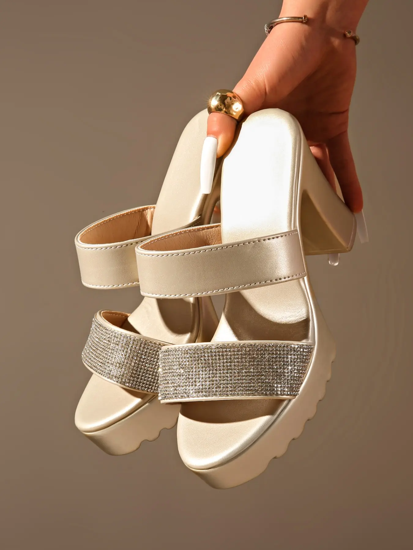 Women Open Toe Platform Block Heel Mule Sandals Trendy Two Strap Rhinestone Embellished Slip On Chunky Heels Date Night Club Wedding Guest Evening Vacation Outfits 3 Colors Black Silver Champagne Gold