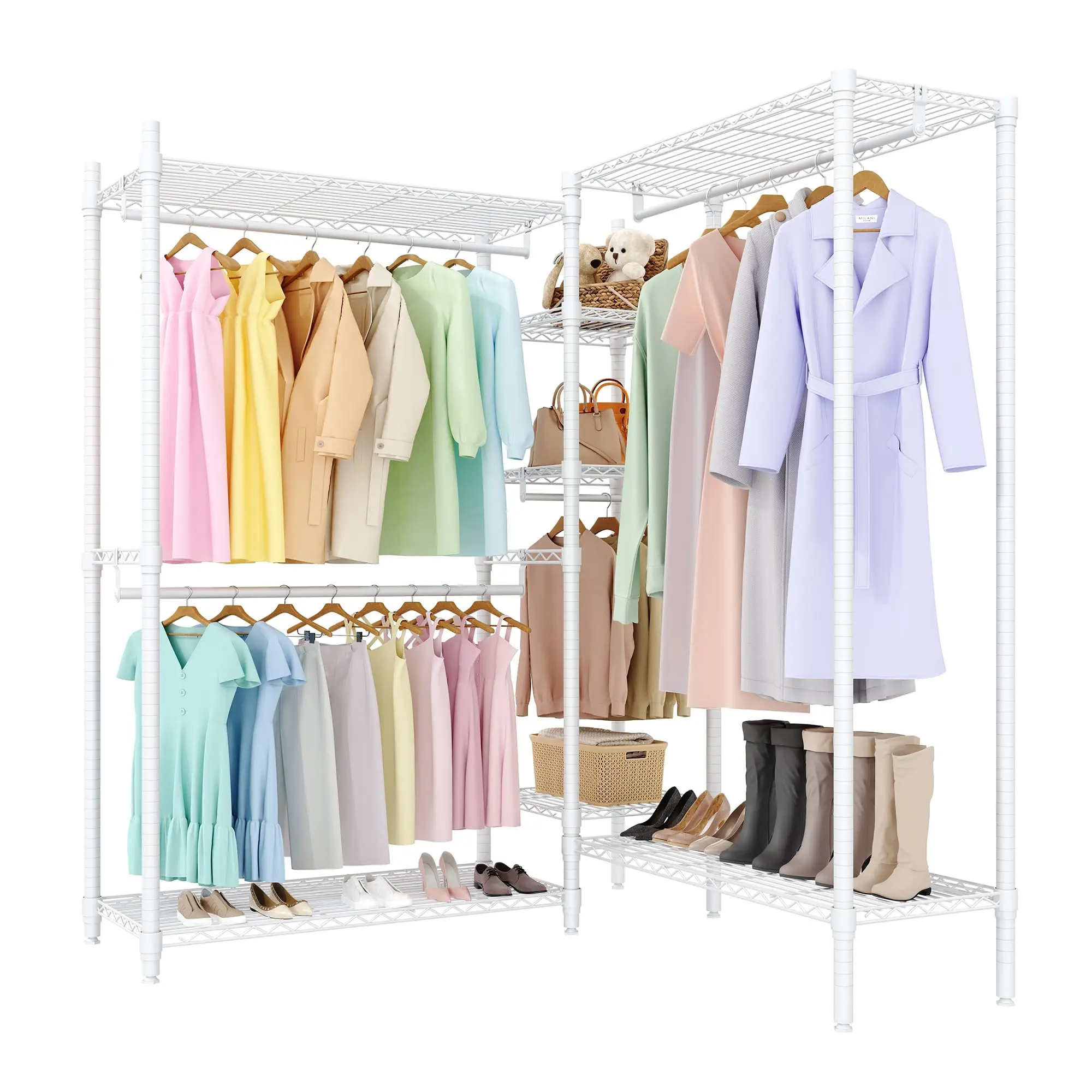 Heavy Duty Clothes Rack 1630lbs Freestanding Garment Rack Adjustable Wire Shelves Metal Wardrobe Organizer Rack Reversible L-Shaped Corner Clothing Rack with Hanging Rods Closet Storage System for Bedroom Laundry Room