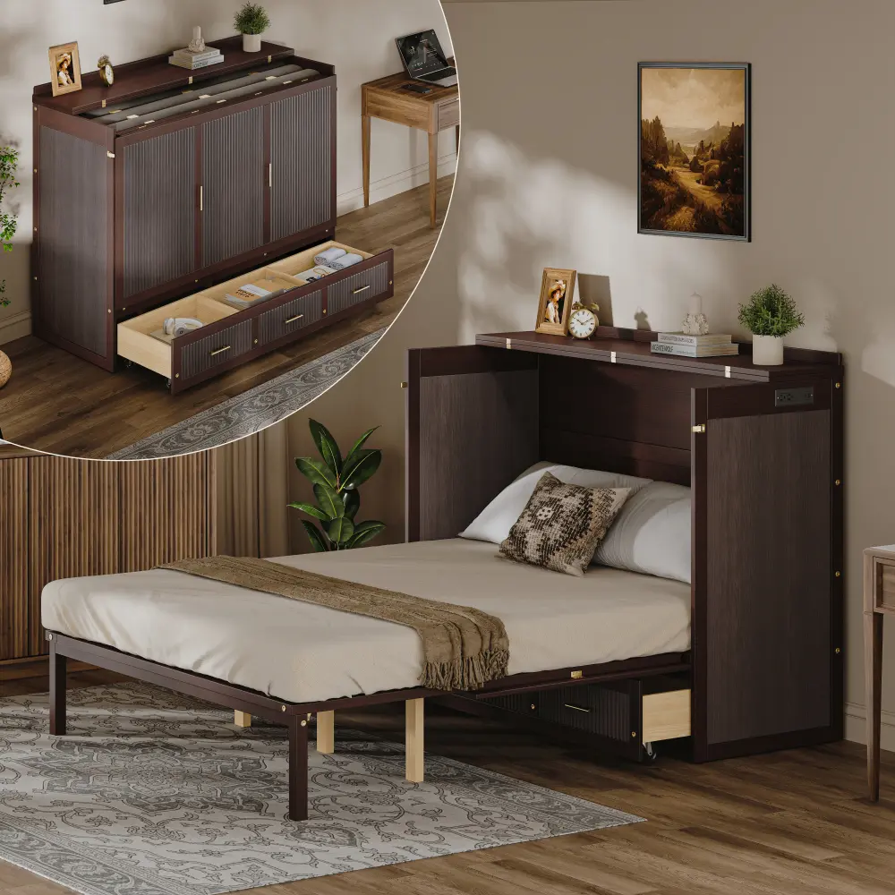 Multifunctional Murphy Bed Cabinet with USB Charging Station, Queen Size Vertical Foldaway Bed with Drawers, Space Saving Hidden Wall Bed with Safety Lock & Anti-Tip Device, Coffee.