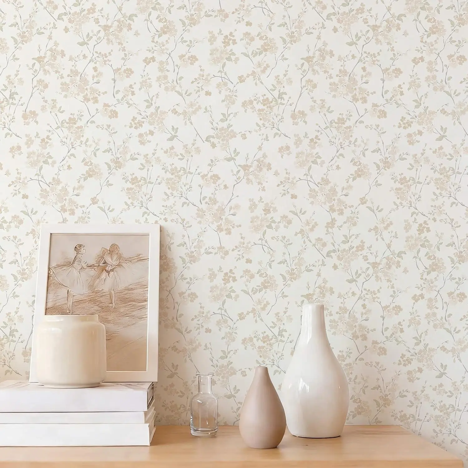 Floral Peel and Stick Wallpaper Vintage Wallpaper 197"×17.3" Neutral Floral Wall Paper Peel and Stick Cherry Blossom Contact Paper for Nursery Bathroom Kitchen Self-Adhesive Vinyl Waterproof