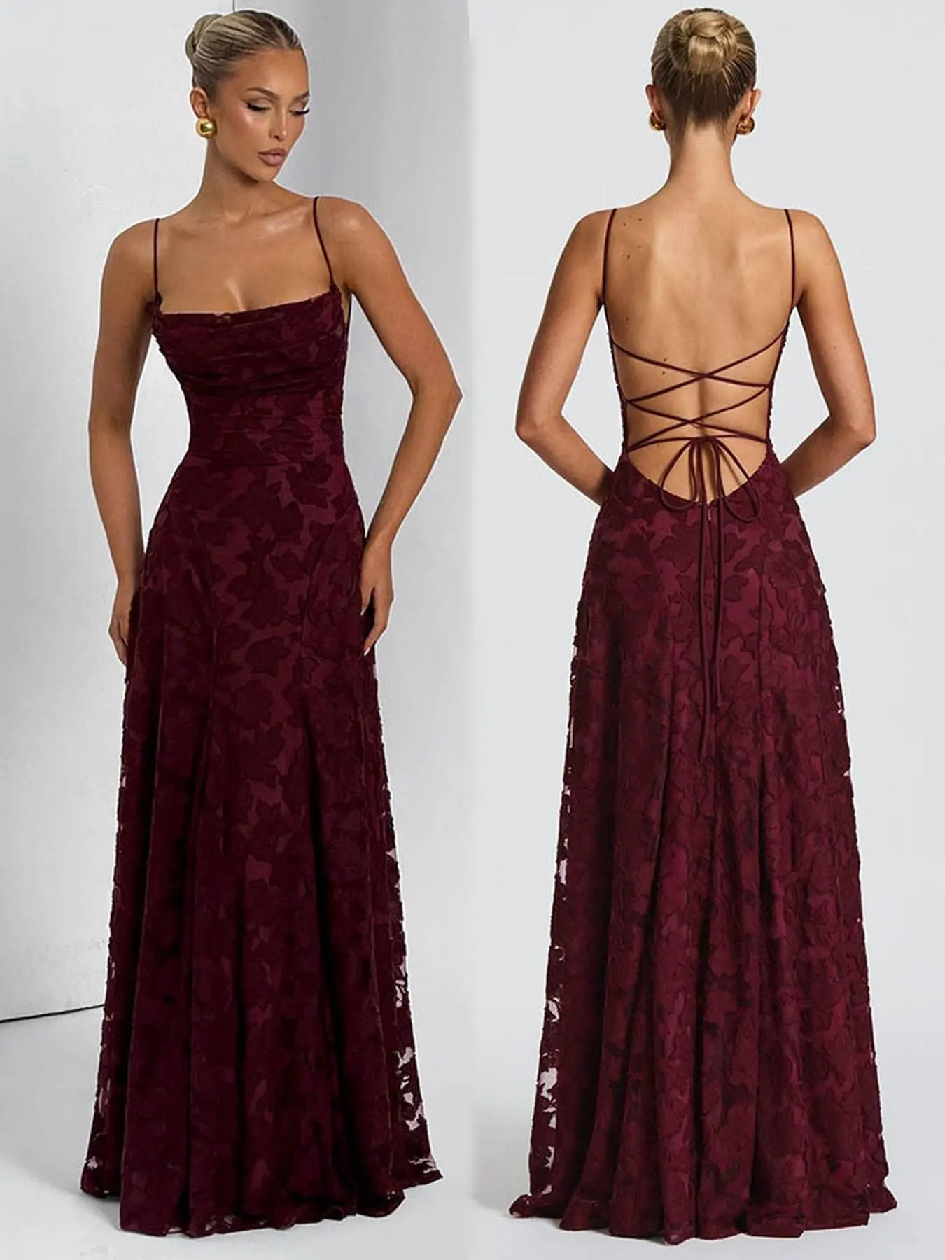 2026 Summer New Sexy Embroidered Long Pleated Dress, Solid Color Backless Tie Strap High-End Halter Long Dress, Beach Resort French Vintage Chic Lace Dress, Formal Evening Gown