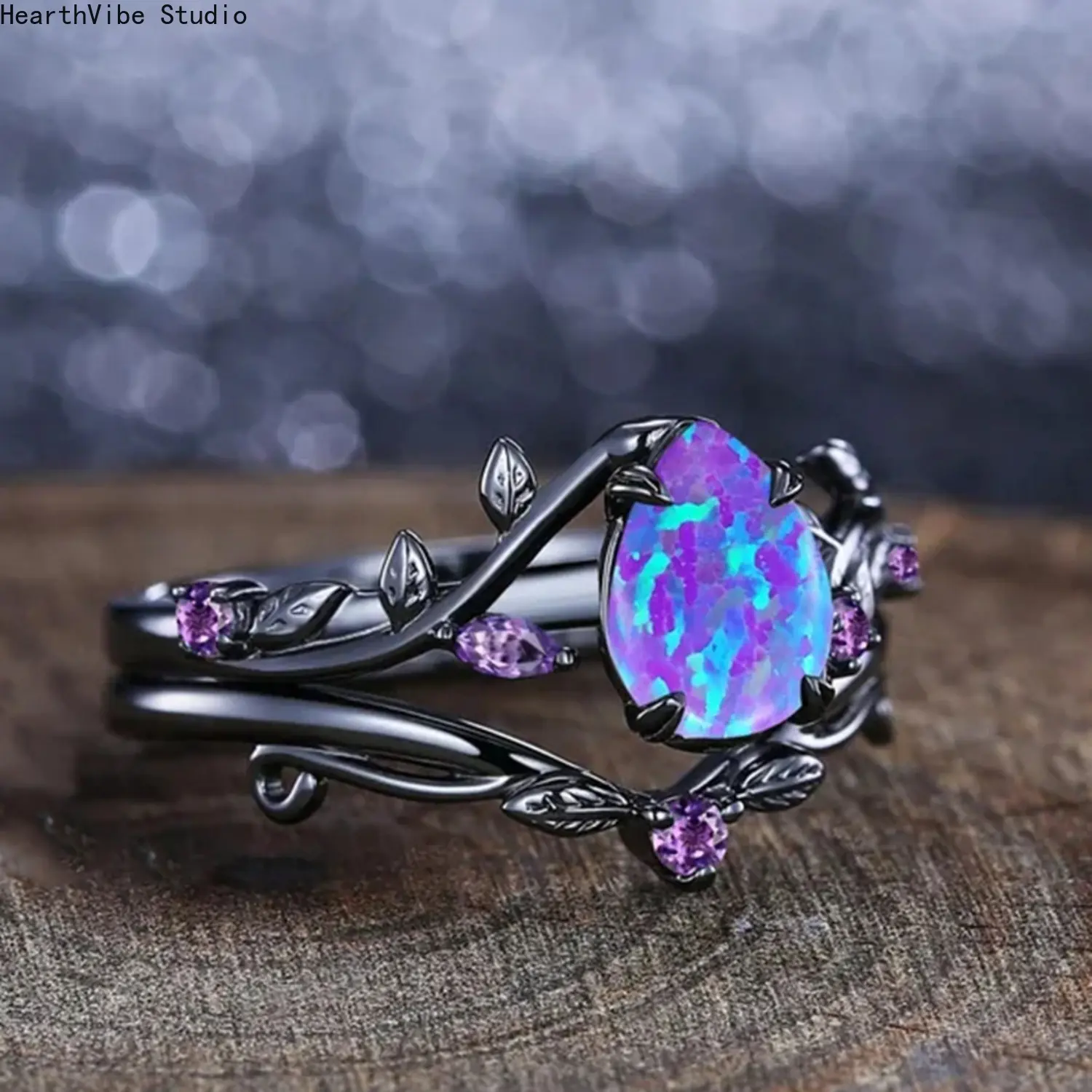 Unique Black Stacking Ring Set Water Drop Imitation Opal Trendy Rhinestone Decor Statement Multi Layer Finger Bands Women Fashion Engagement Jewelry Birthday Gift Accessories