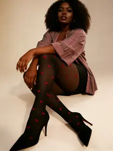 1pc Plus Size Women’s Heart Jacquard Tights, Woven Love Pattern, Stretchy, Chic, Elegant, Romantic Statement Leggings for Valentine’s Day, Clothes