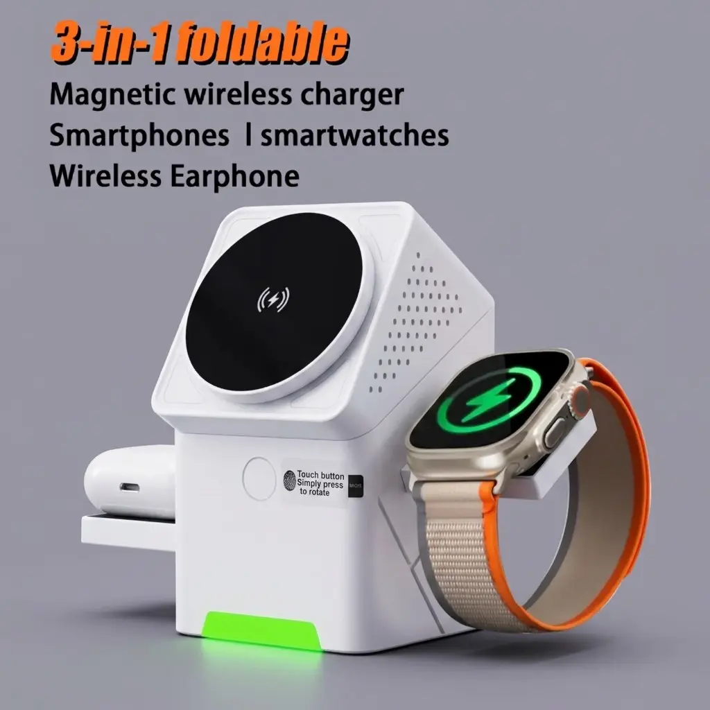 3-in-1 Magnetic Wireless Charger, Compact Rotating Multi-function Stand for Phone, Earbuds and Watch, Multifunctional Charging Station for iPhone, Electronic Gadgets