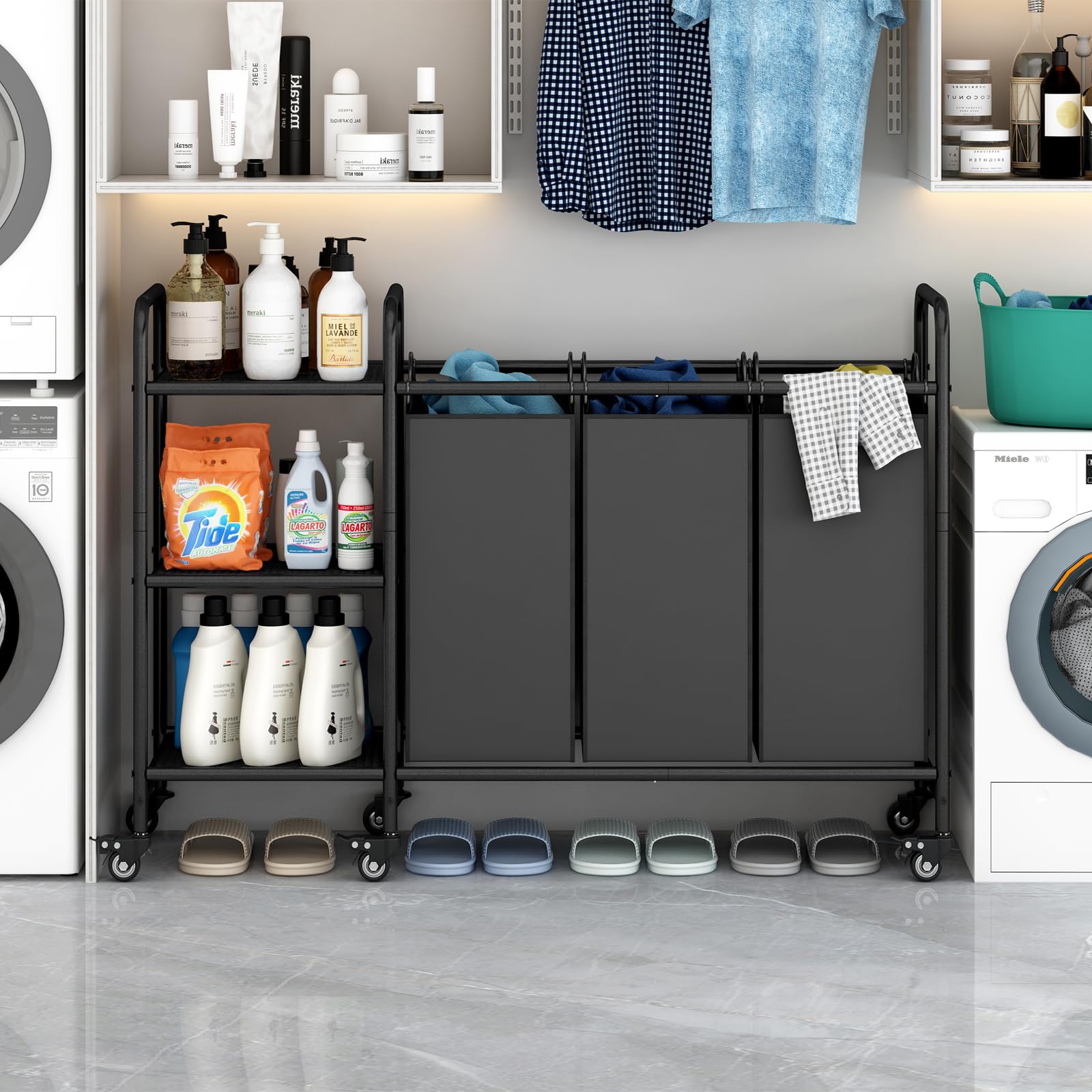 3-Bag Laundry Sorting Trolley with Storage Rack 3-Section Laundry Basket Sorter with 3-Tier Storage Rack with Lockable Rolling Wheels Laundry Separation Basket with Removable Bag for Dirty Clothes Deals For You Days 3-Bag Laundry Sorting Trolley with Storage Rack 3-Section Laundry Basket Sorter with 3-Tier Storage Rack with Lockable Rolling Wheels Laundry Separation Basket with Removable Bag for Dirty Clothes Deals For You Days