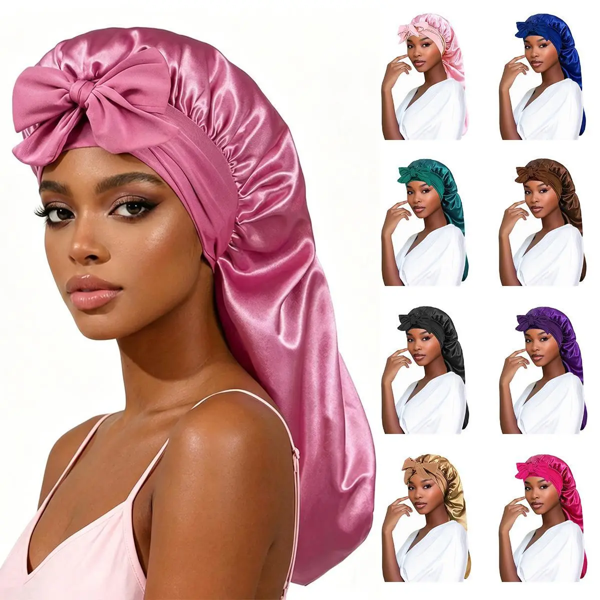 Women's Silk Satin Sleep Cap with Bow, Extra Large Hair Wrap for Adults with Braids & Locs, Protective Night Wear for Haircare