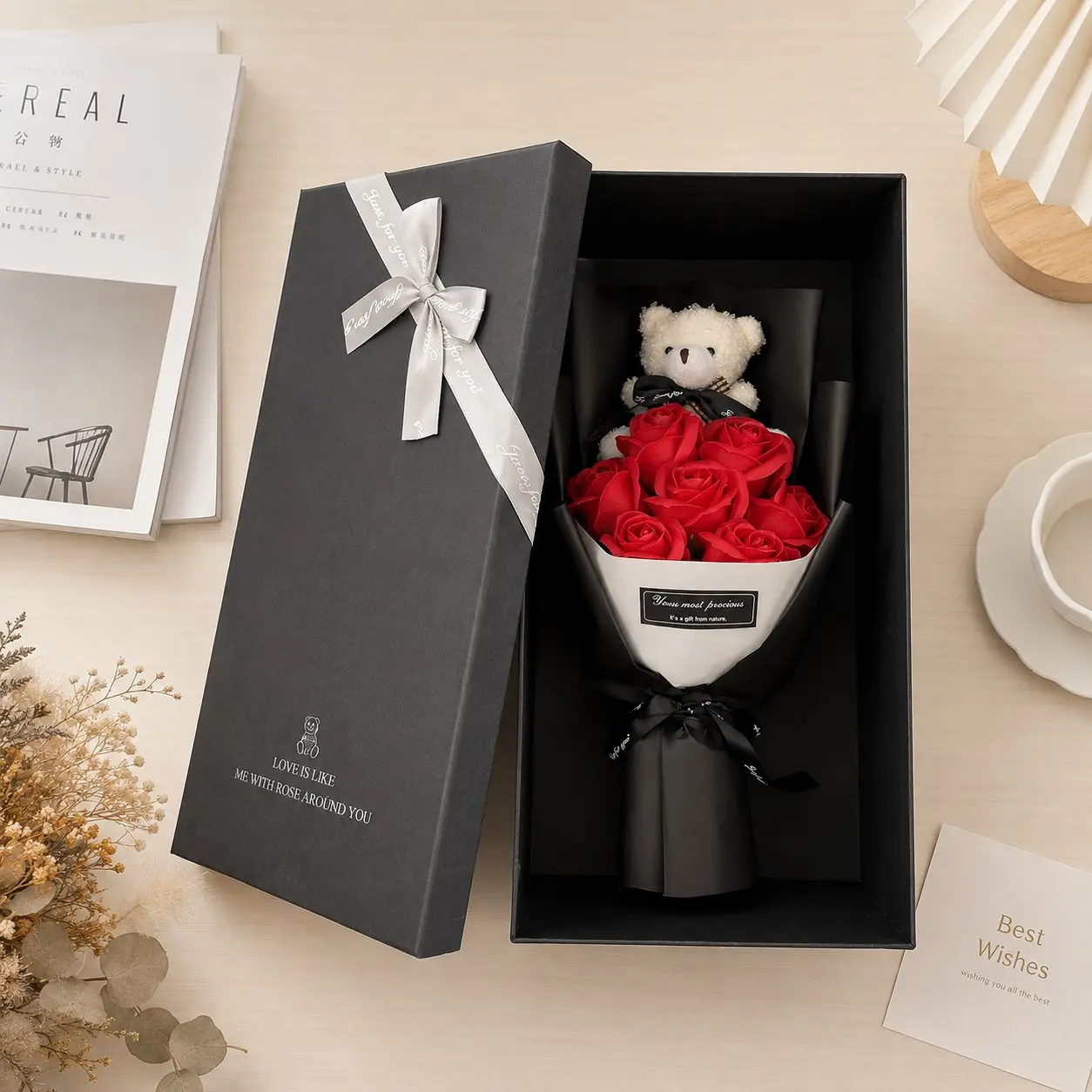 Realistic Rose Bouquet, Artificial Flowers Bouquet, Artificial Roses Bouquet, Bear Gift Box Arrangement, Perfect for Holidays, Birthdays, Weddings, Home Decor, Mother's Day, Valentine's Day