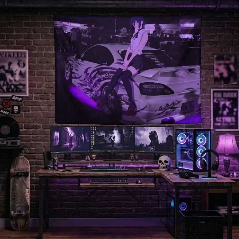 JDM Sports Car Silvia S15 Tapestry Anime Girl Sitting on Drift Car Neon Purple Underglow Wall Hanging Cool Automotive Gaming Room Decor Dorm Banner