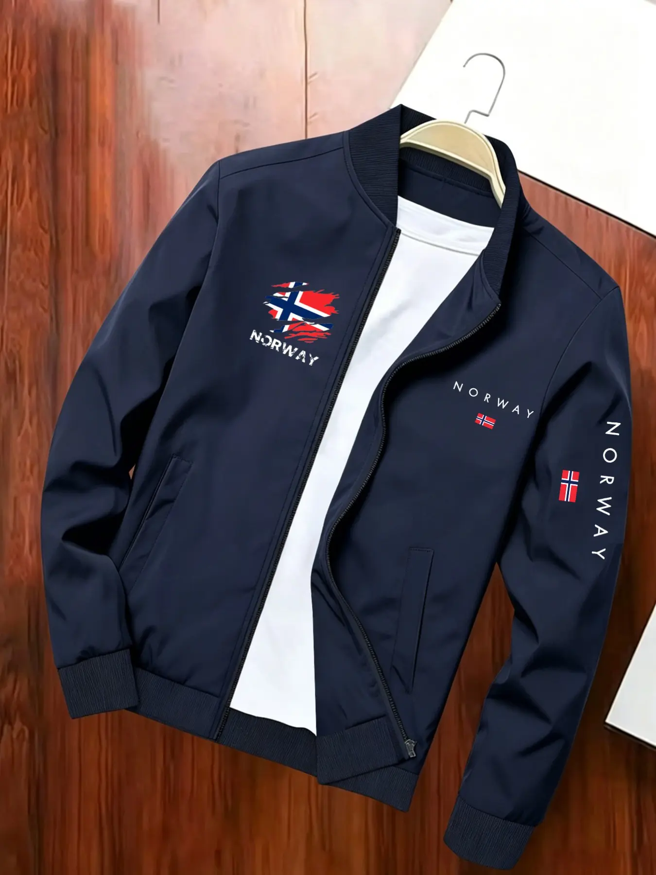 Baseball Collar Zipper Jacket, Regional Theme Graphics, Ripped Flag Print, Casual Style, Long Sleeve, All Seasons