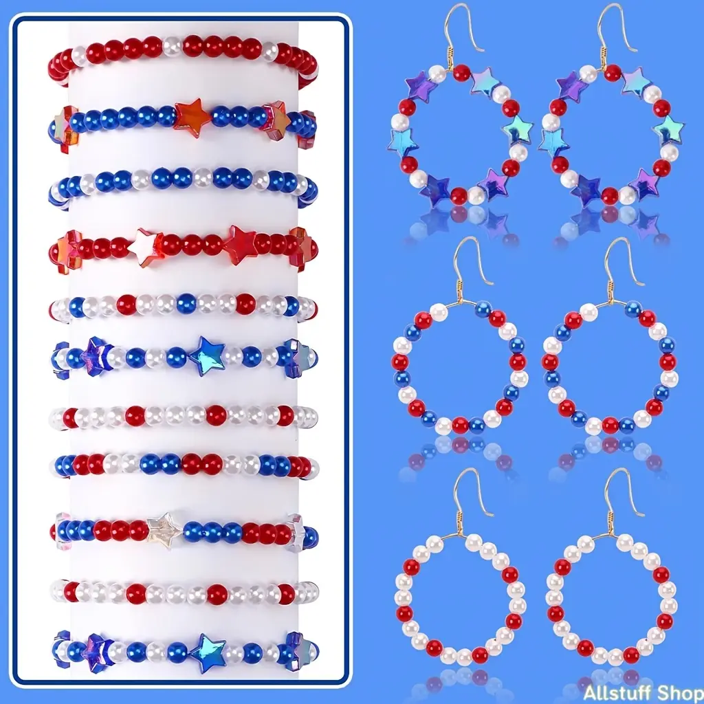 DIY Beads Kit for Bag Accessories, 990+ Pcs Patriotic Beaded Set with 6mm Red, White & Blue Round Beads, 11mm Star Charms, Elastic Thread & 24-Grid Organizer Box, Customizable Beads