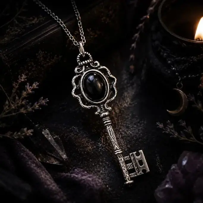 Women's Vintage Antique Key Necklace - Gothic Boho Mystic Dark Feminine Ornate Curves Chain Jewelry, Black Obsidian Gemstone Skeleton Key Pendant, Spiritual Protection Charm Gift
