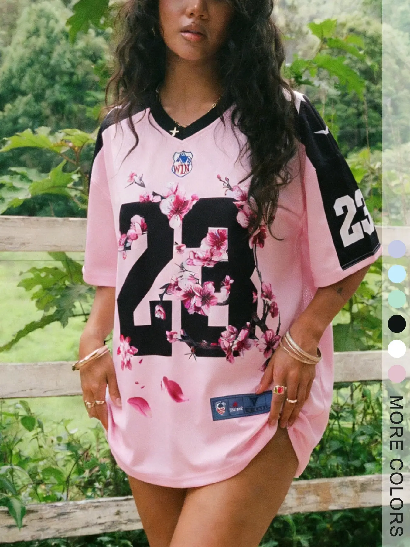 Women's Vintage Loose Fit Sporty Football Jersey, Floral Print, Casual Sportswear Top, Versatile for Outdoor Activities & Daily Wear