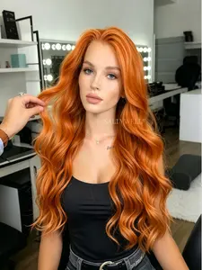 Ginger Orange Big Wavy Synthetic Wig, 13x4 HD Transparent Lace Front Wig Pre-Plucked Hairline for Women Daily Date Concert Music Festival 28 Inch