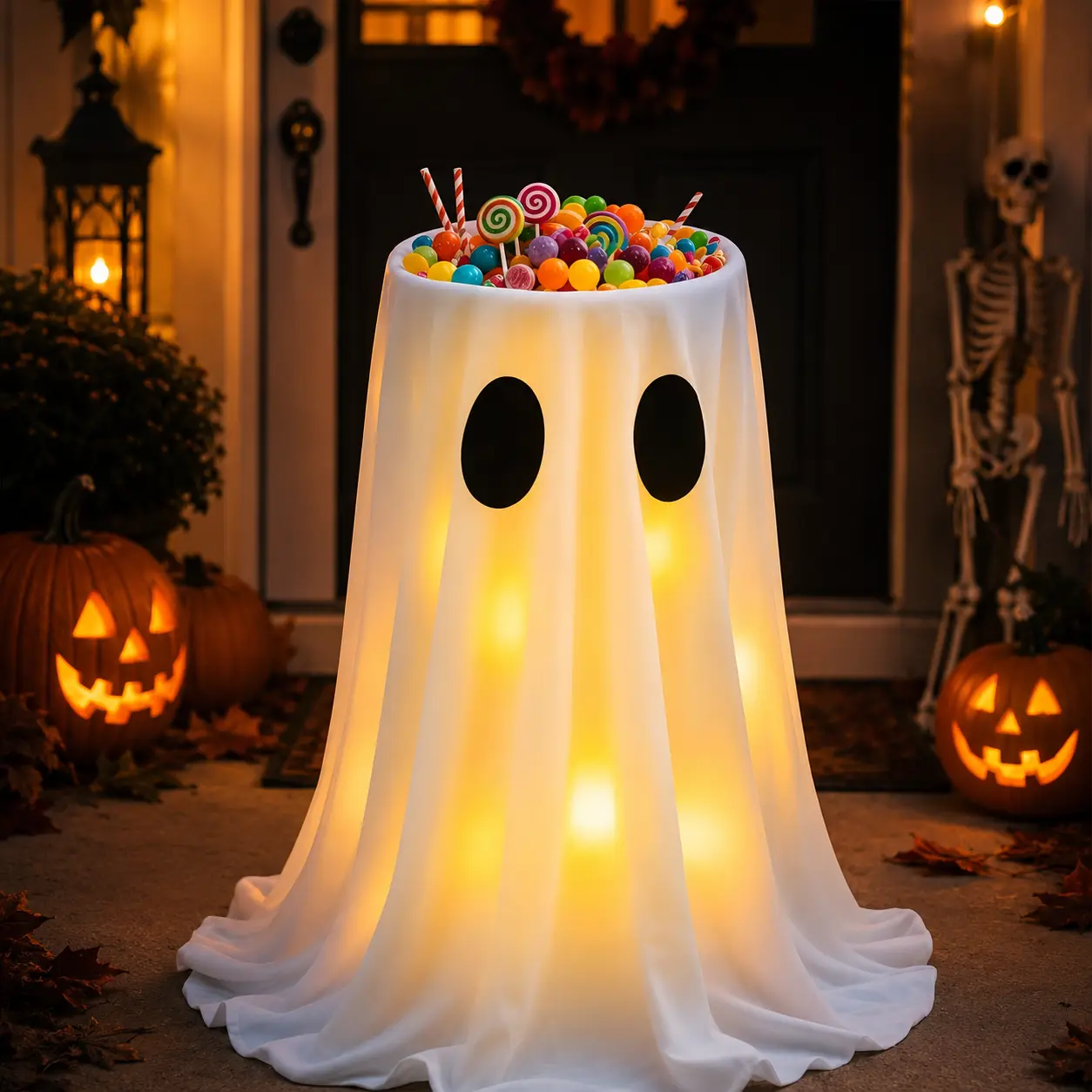 Lighted Halloween Ghost Candy Bowl Stand, USB Powered Trick or Treat Candy Holder with 8 Light Modes, Remote Timer, 3 lb Capacity, outdoor halloween decoration, unique halloween gift idea