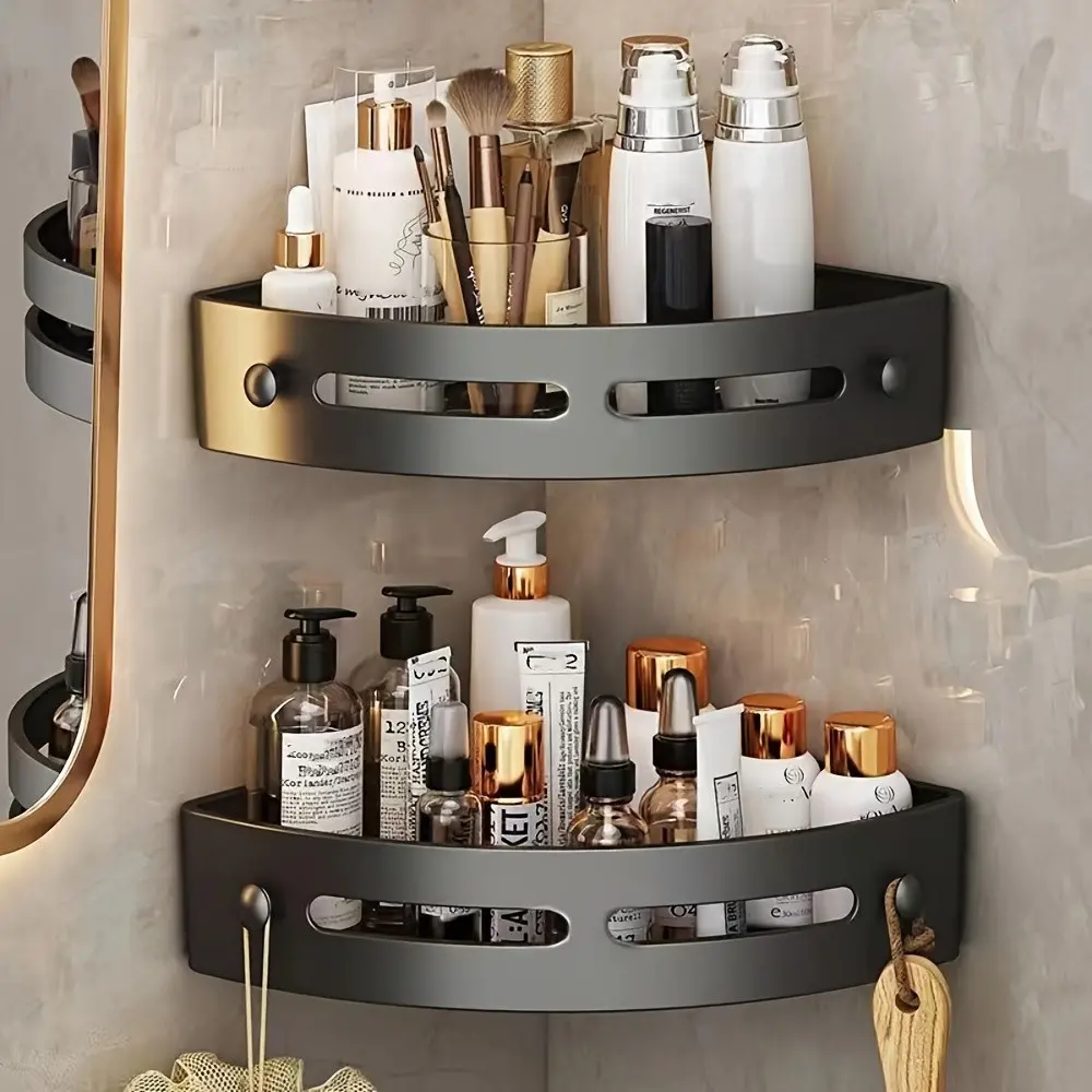 2-Pack Simple No-Drill Bathroom Shelves, Triangular Plastic Storage Racks for Toilet and Kitchen, Space-Saving Organizer