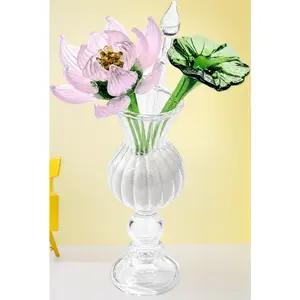 Glass Flowers in Vase, Mini Glass Flower Bouquet Pink Lotus Flower Decorations for Home Wedding Party Floral Arrangement