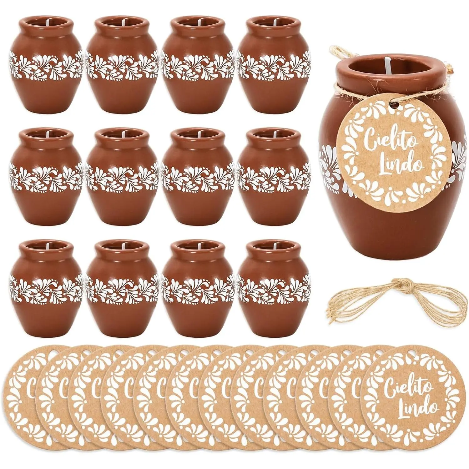 FYSUIMU 12 Sets Cielito Lindo Ceramic Terracotta Flower Clay Pottery Jar Candles with Paper Tags for Mexican Fiesta, Cinco De Mayo, Wedding Party Decorations
