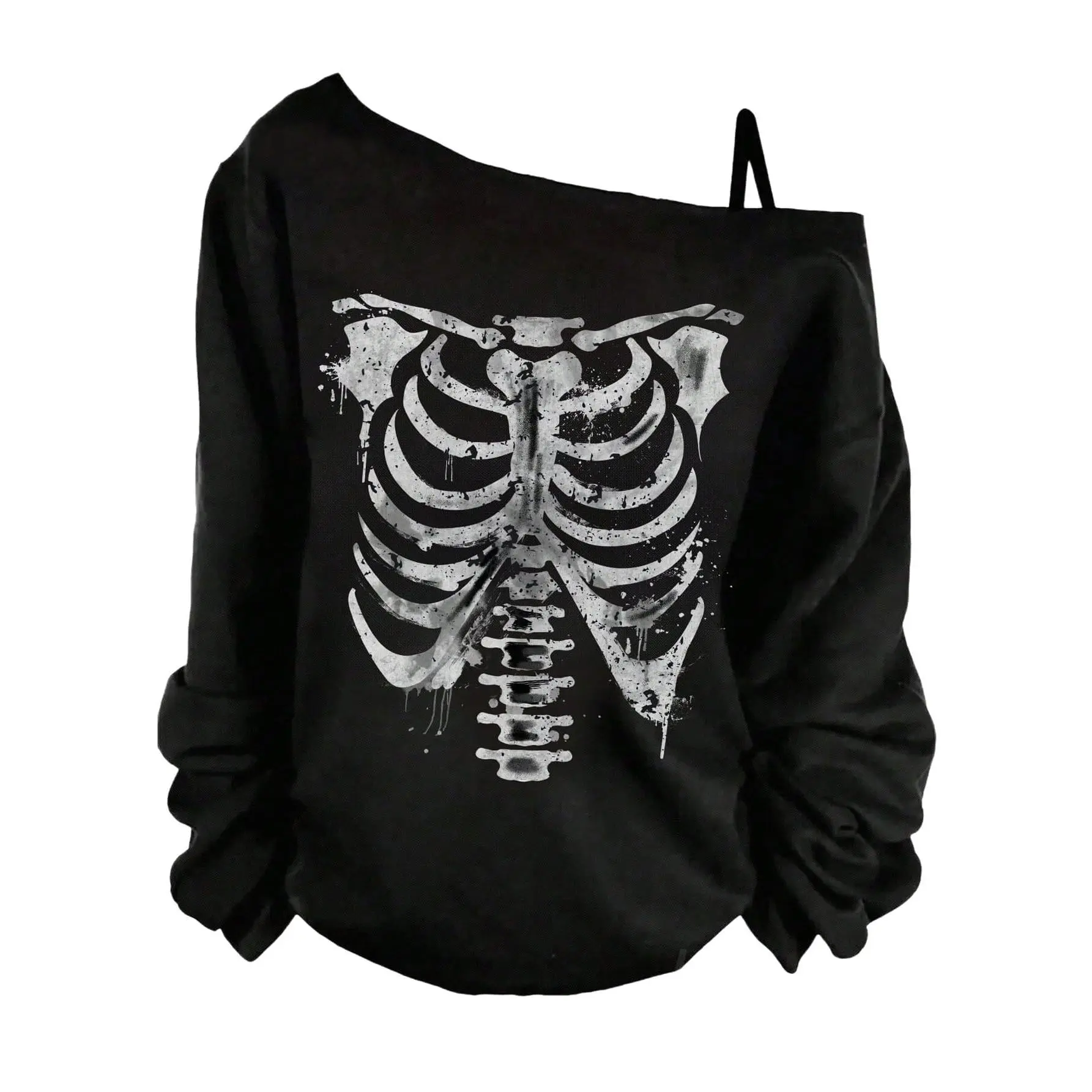 Plus Size Gothic Skull Graphic Tees Asymmetrical Neck Long Sleeve T Shirt Loose Y2K Tops