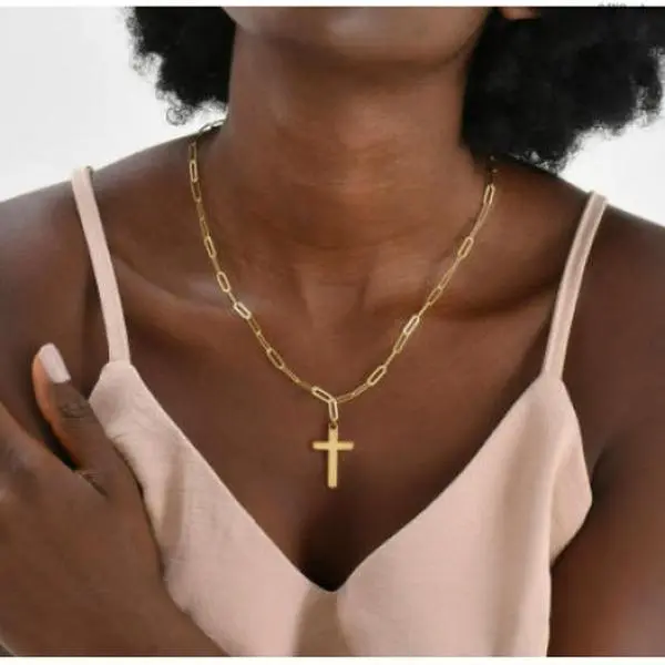 Gold Paperclip Chain Cross Pendant Necklace Faith Jewelry