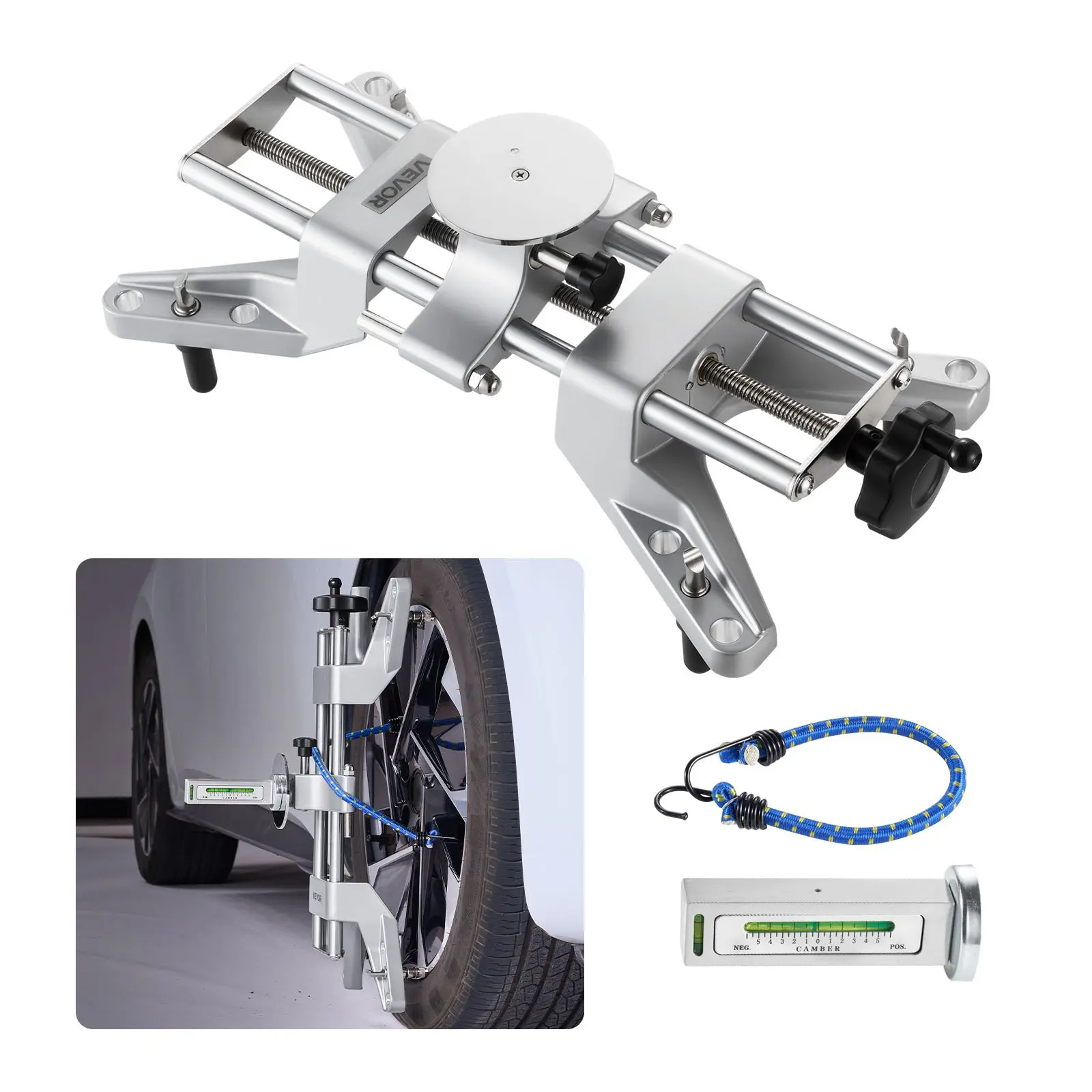VEVOR Aluminium Alloy Wheel Clamp with Magnetic Adapter, 1 PCS Stable & Safe Clamping Wheel Alignment Tool for Precise Camber Gauge (WL/11-25-16 Rims, Complete Accessories) for Car Truck SUV Motorcycle, 19.9x9.6x7.1in, 4.2kg/9.3lbs, 11-25 Inches