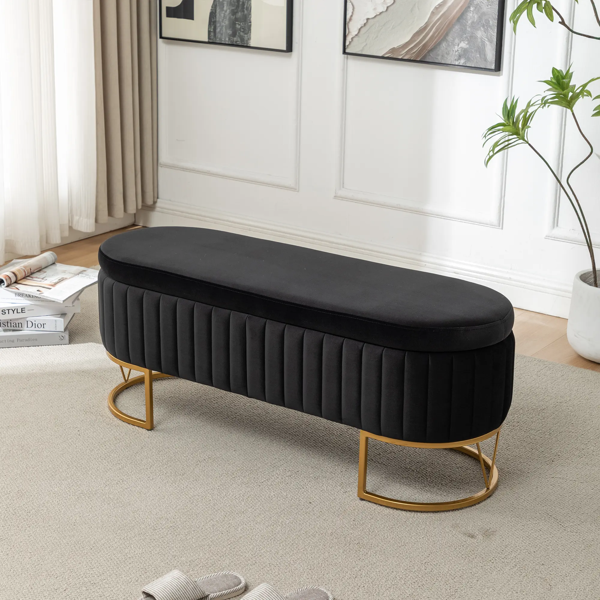 ARCH Velvet Oval Upholstered Storage Bench with Golden Metal Legs, Modern Ottoman Bench for Bedroom Living Room Entryway Window, Black, End of Bed Bench, Storage Ottoman, Home Furniture and Household Product Search Terms for US Online Shopping