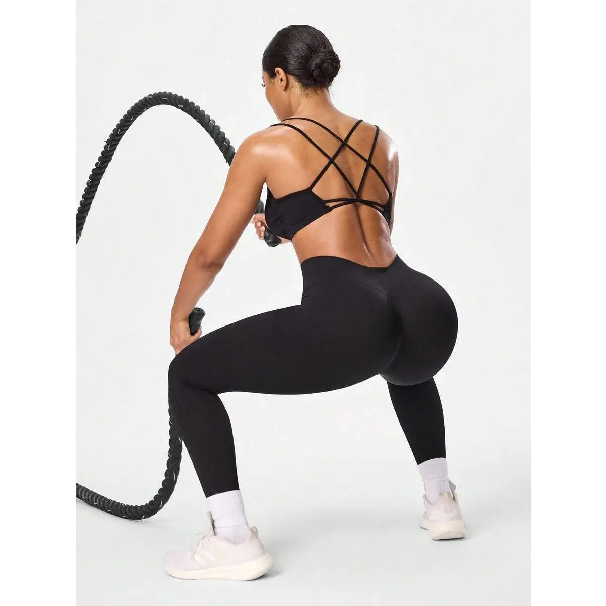 Women's 2-Piece Black Solid Criss-Back Halter Crop Activewear Set - Seamless Yoga Pants, Scrunch Butt Design, Stylish Athletic Gym Fitness Training Suit for Daily Use, Backless