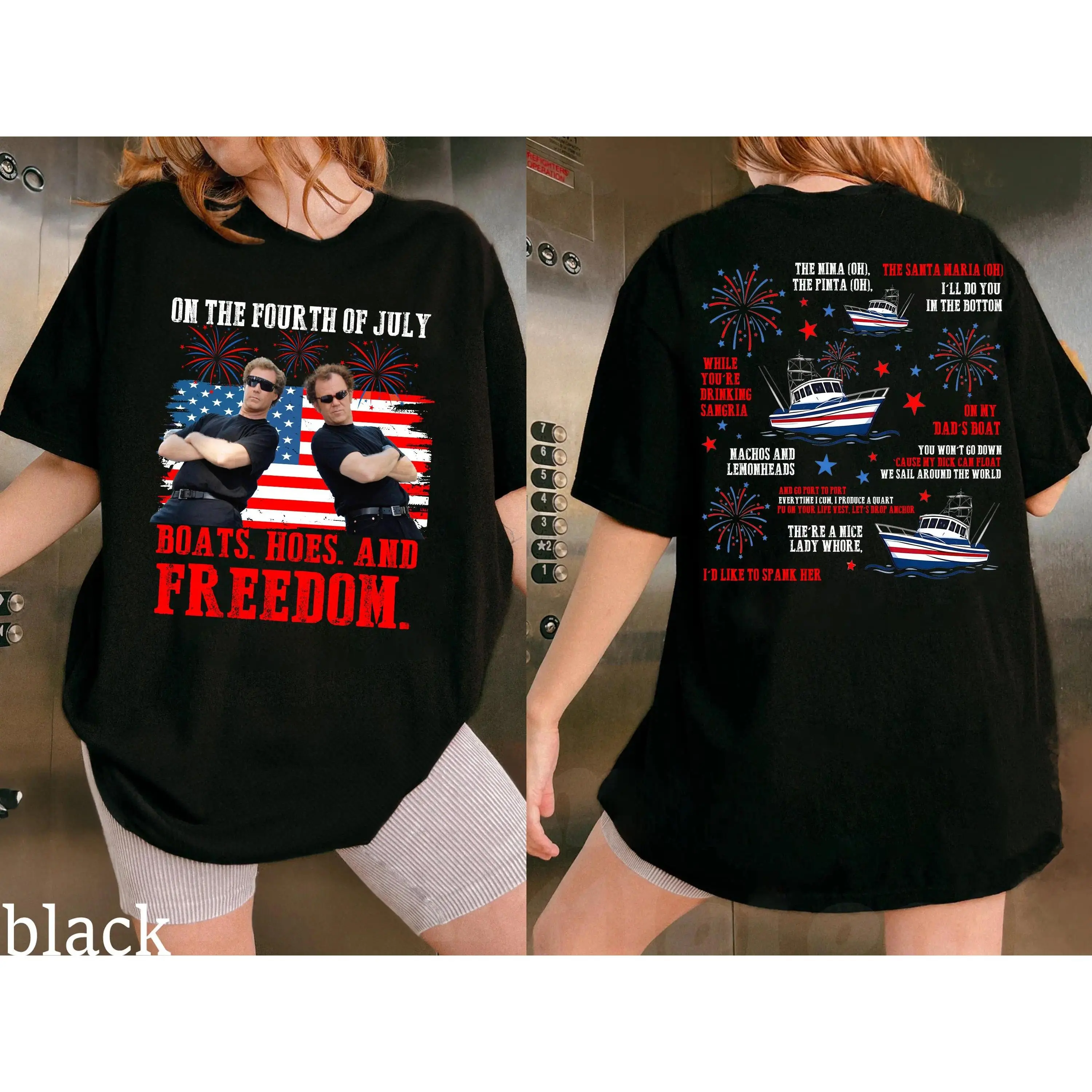 Unisex Step Brothers Brand On The Fourth Of July Vintage Shirt, Boats Hoes And Freedom Parody Shirt, Funny 4th Of July Tee, Boats Hoes And Freedom trendy graphic cotton T-Shirt playful  text design black white soft  fabric menswear apparel top  summer men