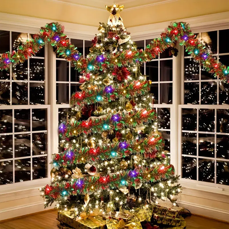 Christmas Red Green Tinsel Garland With LED Lights, 9cm Wide 5m Long Shiny Foil Fringe Streamer, Thick Thin Strip Festive Hanging Tinsel Ribbon, Xmas Party Atmosphere Decorative Garland for Christmas Tree, Fireplace Mantel, Window, Yard