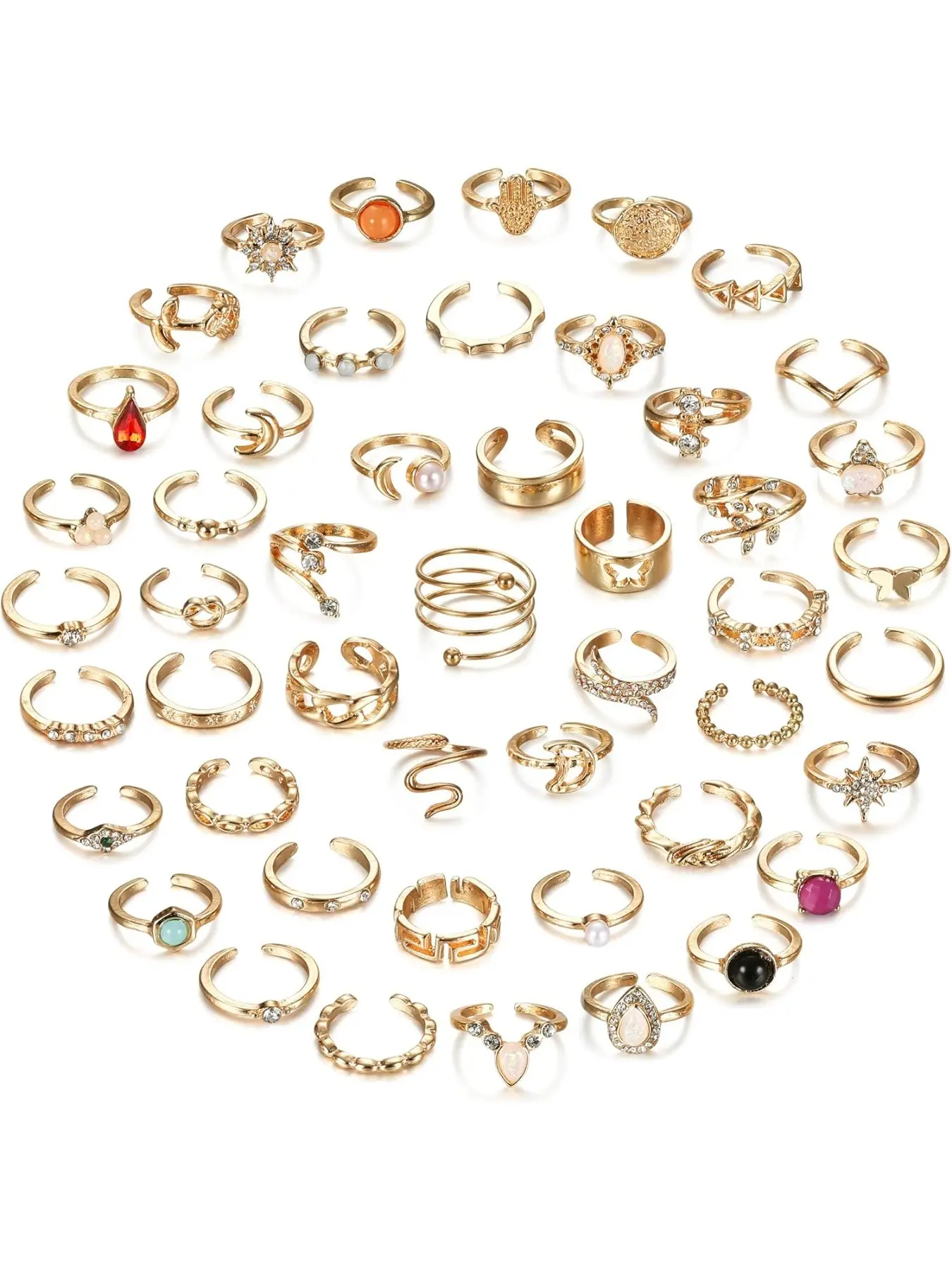 48pcs Open Toe Rings Set for Women Men, Adjustable Vintage Retro Knuckle Ring, Bohemian Toe Finger Tail Ring, 14k, Boho Jewelry, Fashion Rings