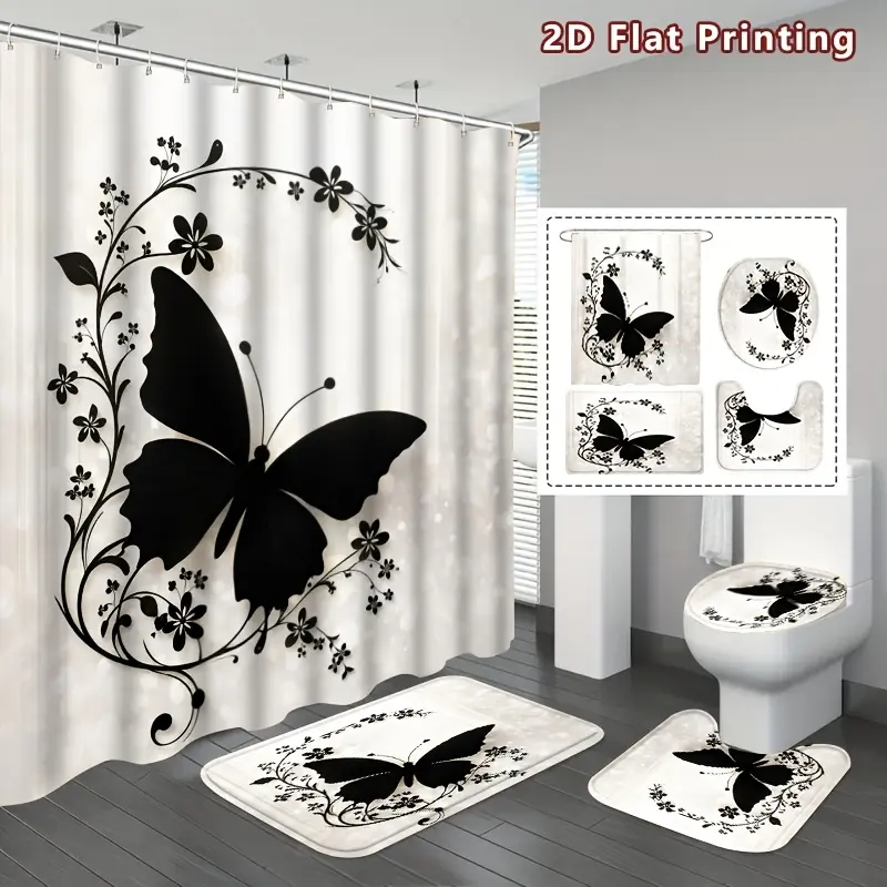 4-Piece black butterfly shower curtain set for bathroom, black butterfly and flower bathroom decoration, plus U-shaped toilet cover, 1 butterfly lover, home decoration