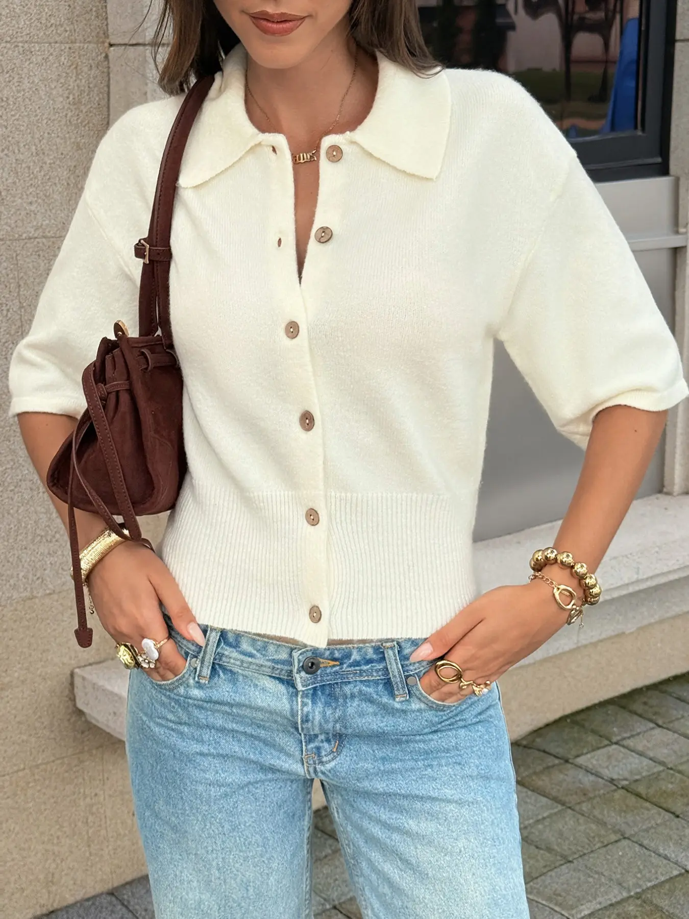 French Style Polo Lapel Wool Knit Cardigan for Women, Vintage Wooden Buttons, Mid- Sleeve, Waist Cinch, Short Length, Soft Look Top
