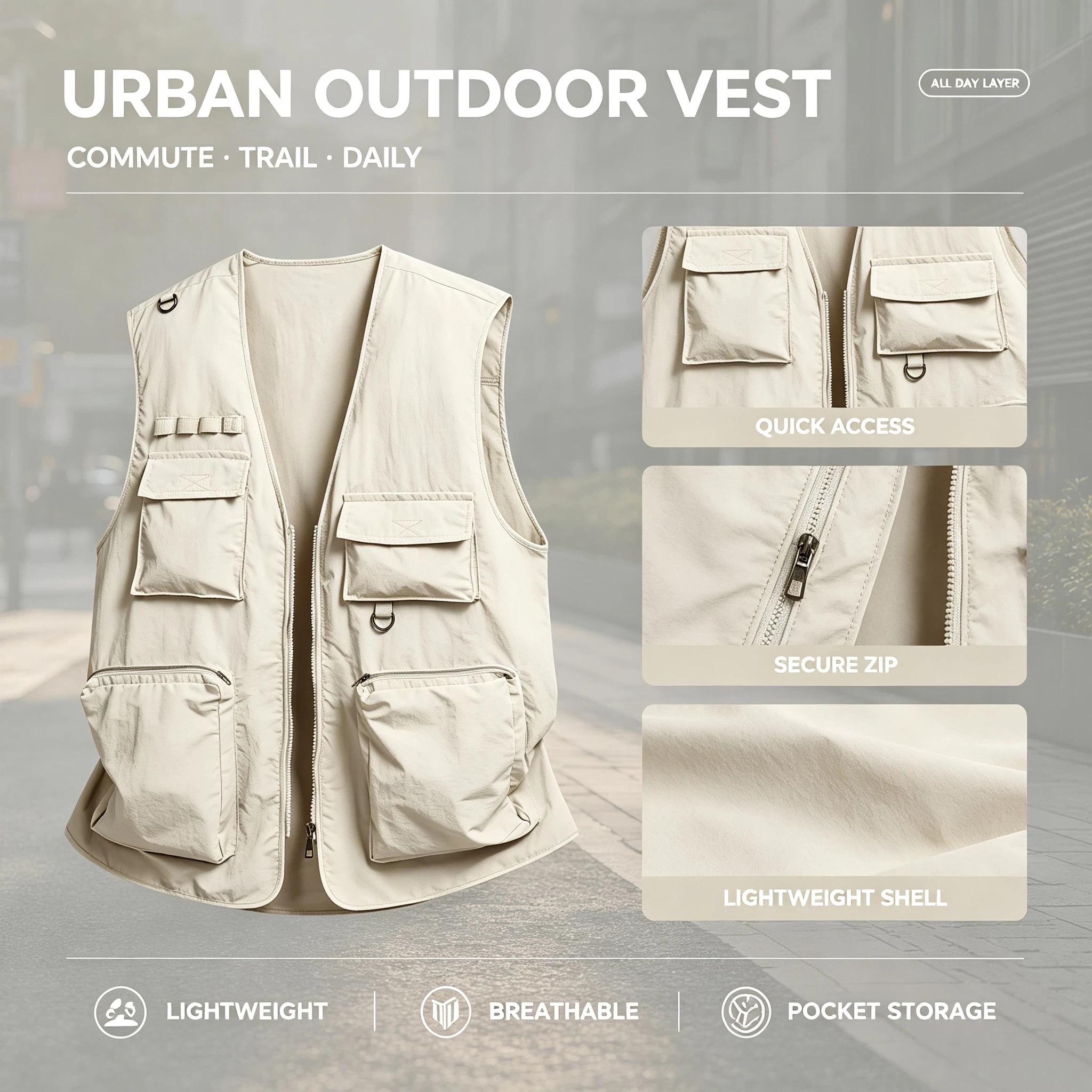 Men's Lightweight Tactical Waistcoat - Casual Polyester Slim-Fit Sleeveless Outerwear with Multi-Pockets, Zip-Up Closure for Outdoor, Streetwear Menswear Tops