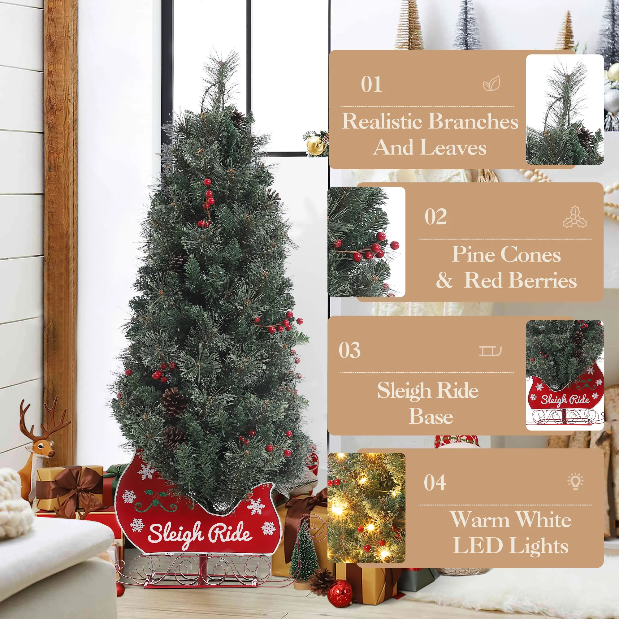 4.5ft Artificial Christmas Tree, Small Pre-Lit Snow Flocked Christmas Tree, Holiday Xmas Tree with 200 LED Lights, Holiday Sleigh Shape Base, Pine Cones, Red Berry Clusters