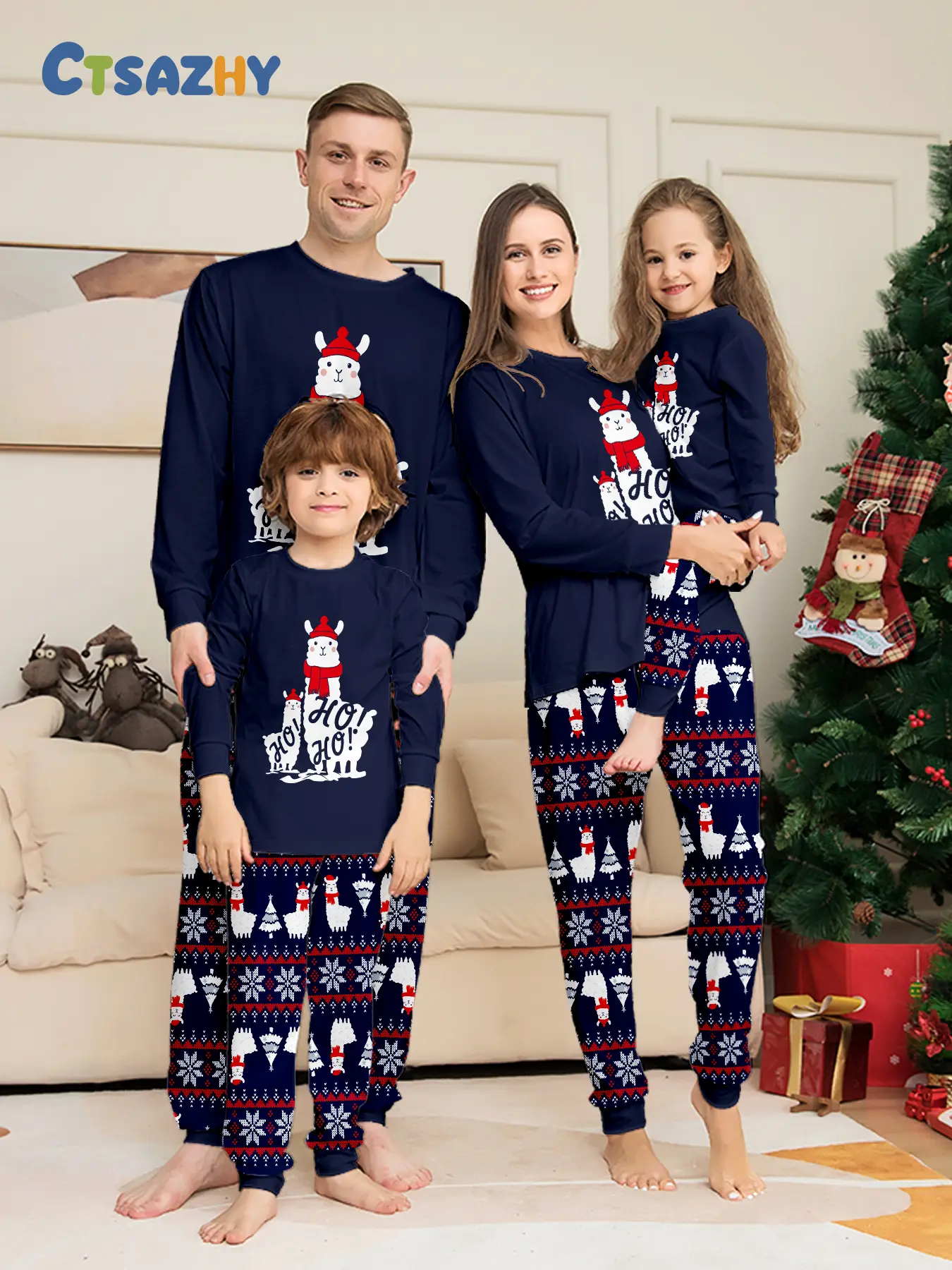 Navy Blue Crew Neck Matching Family Christmas Pajama Set, Cute Llama With Santa Hat Print Top, Snowflake Xmas Tree All Over Striped Cuffed Pants, Soft Sleepwear for Adults Kids Couple, Unique Holiday Family Matching Outfits for Family of 3 & 4