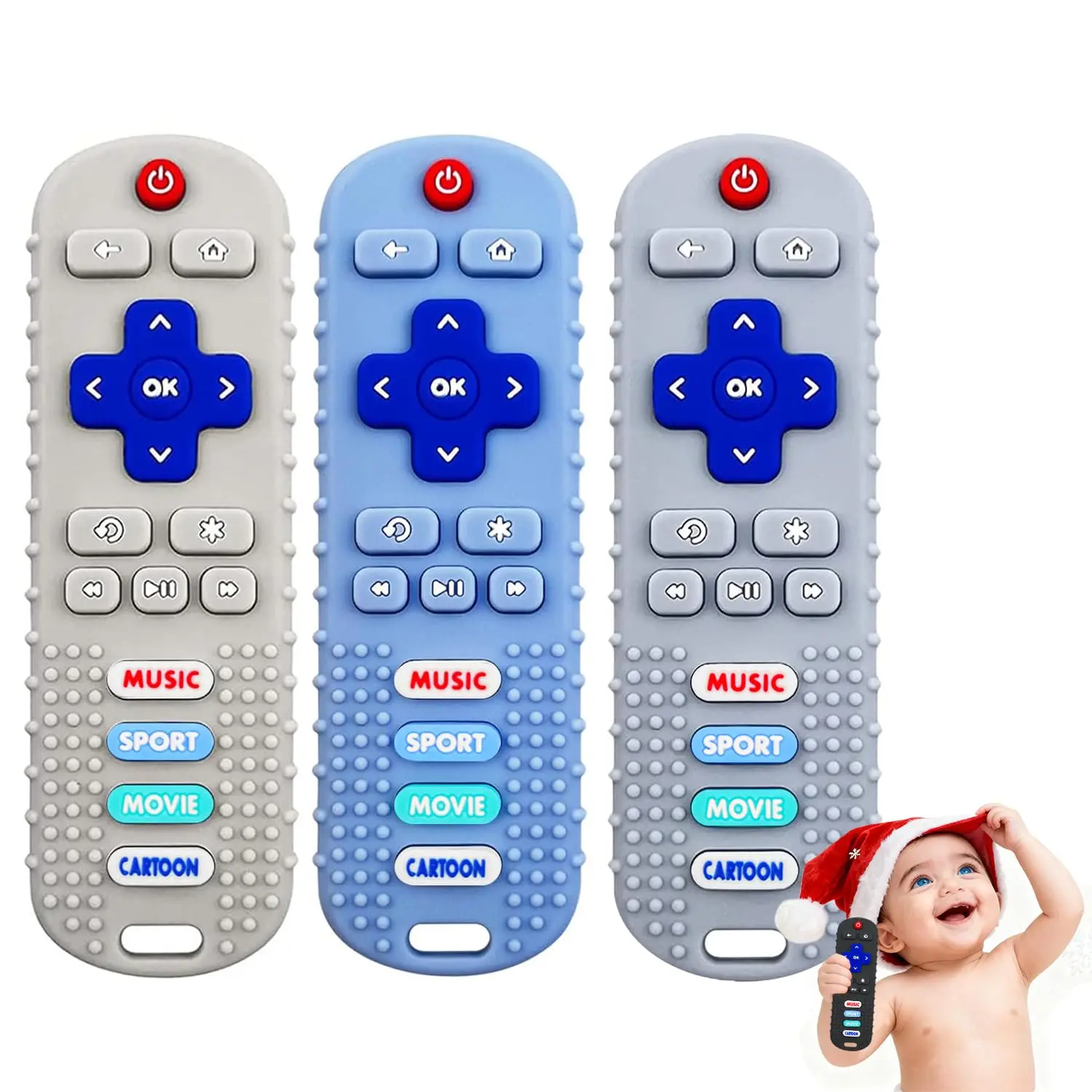 3 Pack Remote Control Shape Silicone Teethers  Babies Chew Toys, Teething Toys  Infant Toddlers,Baby Remote Control Toy (Blue&Grey&Beige)
